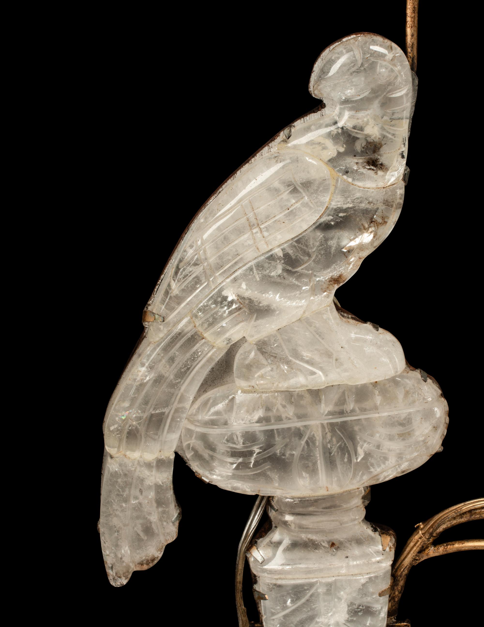 A Pair of Gilt Metal and Rock Crystal Two-Light Sconces