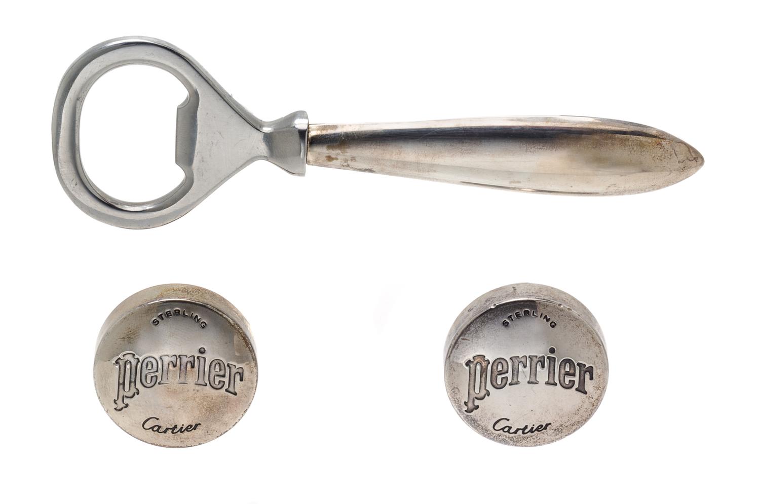 A Set of Sterling Silver Bottle Opener and Caps, Cartier for Perrier, Circa 1960's, 40.30 dwts.