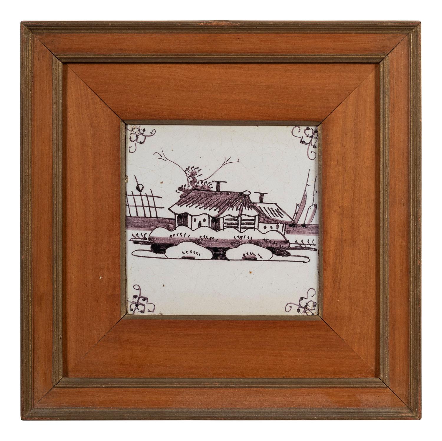 A Set of Five Framed Puce Delft Tiles
