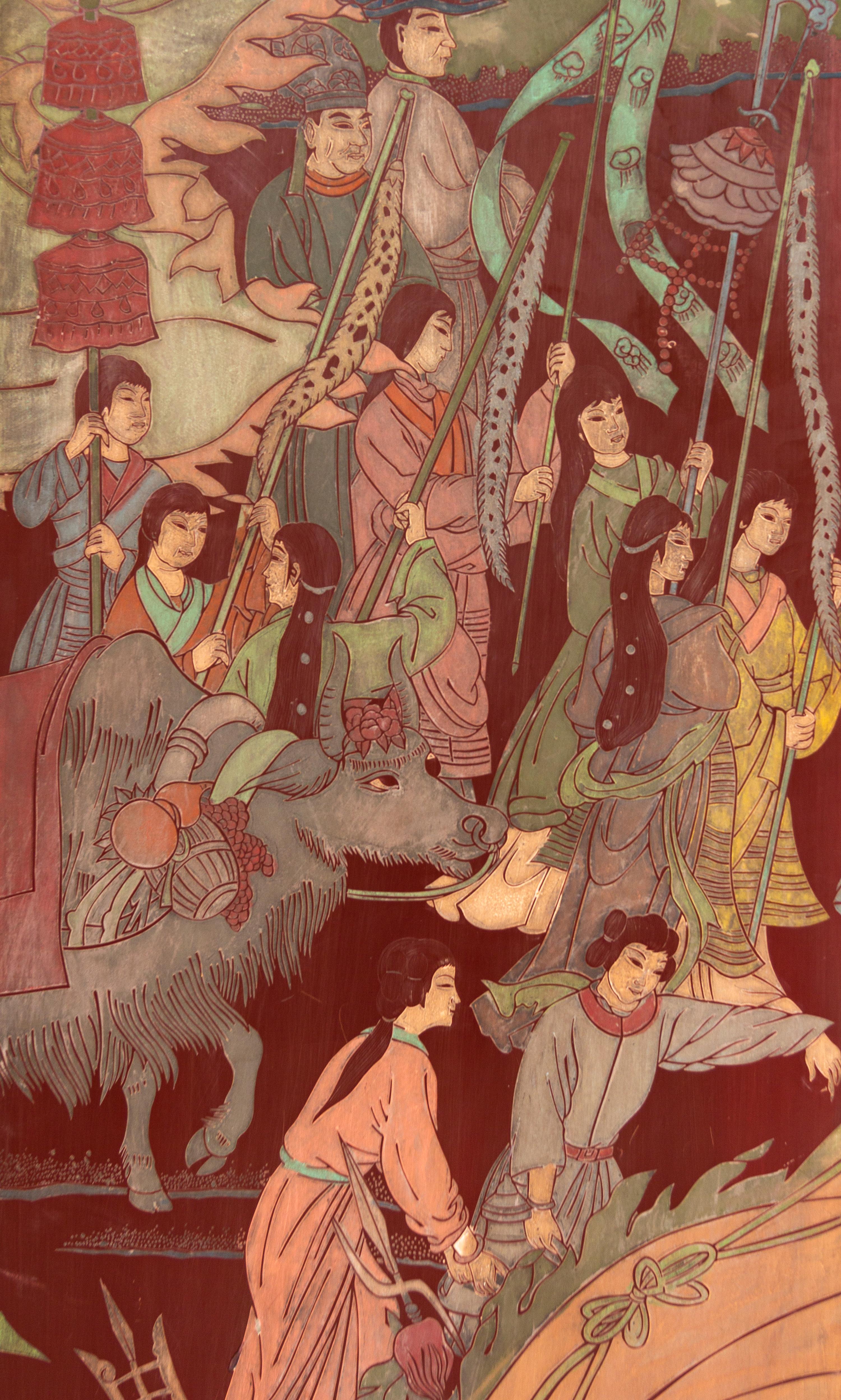 A Twelve-Panel Red Lacquered Coromandel Floor Screen