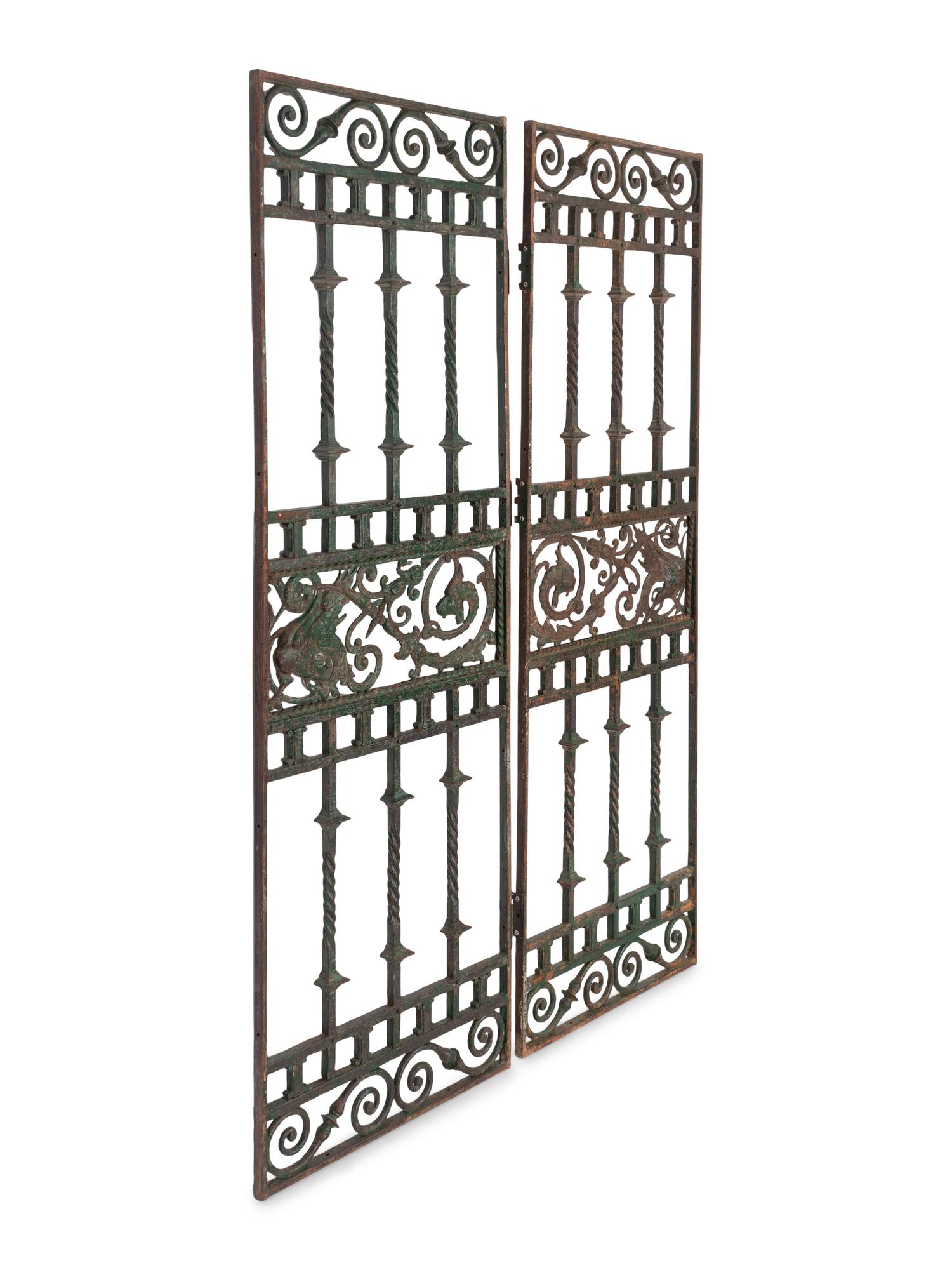 A Pair of French Green-Painted Wrought Iron Gates