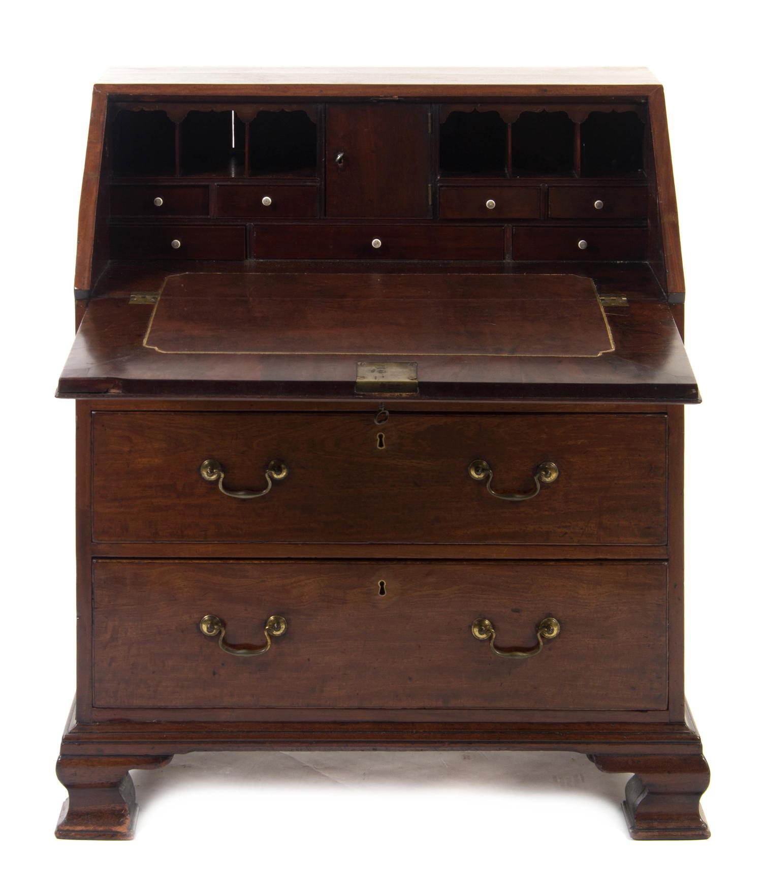 A George III Mahogany Slant Front Bureau, LATE 18TH CENTURY, Height 37 3/4 x width 32 1/2 x depth 18 1/4 inches. — LATE 18TH CENTURY,