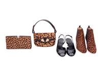 Four Animal Print Pieces: One Lambertson Truex Frame Clutch Bag, One Valentino Double Flap Bag, One Pair of Gucci Sling Back Shoes, One Pair of Louboutin Boots