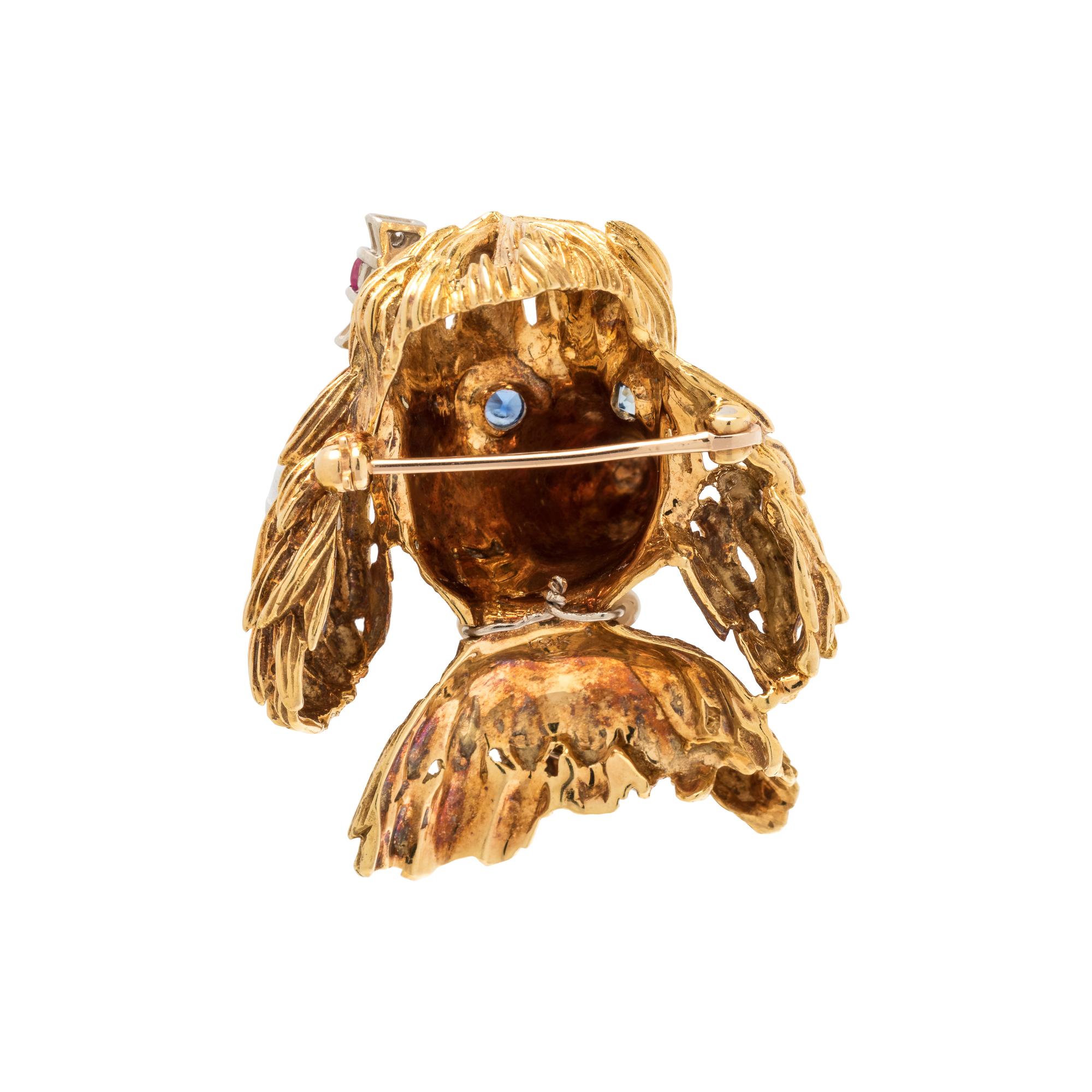 YELLOW GOLD, GEMSTONE AND DIAMOND DOG BROOCH