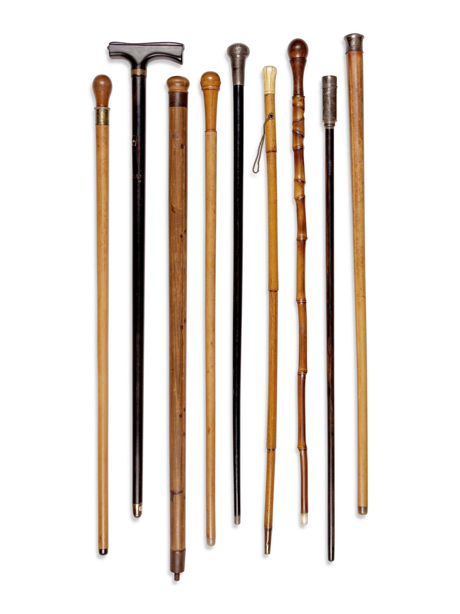 Nine English and Continental Tool System Walking Sticks