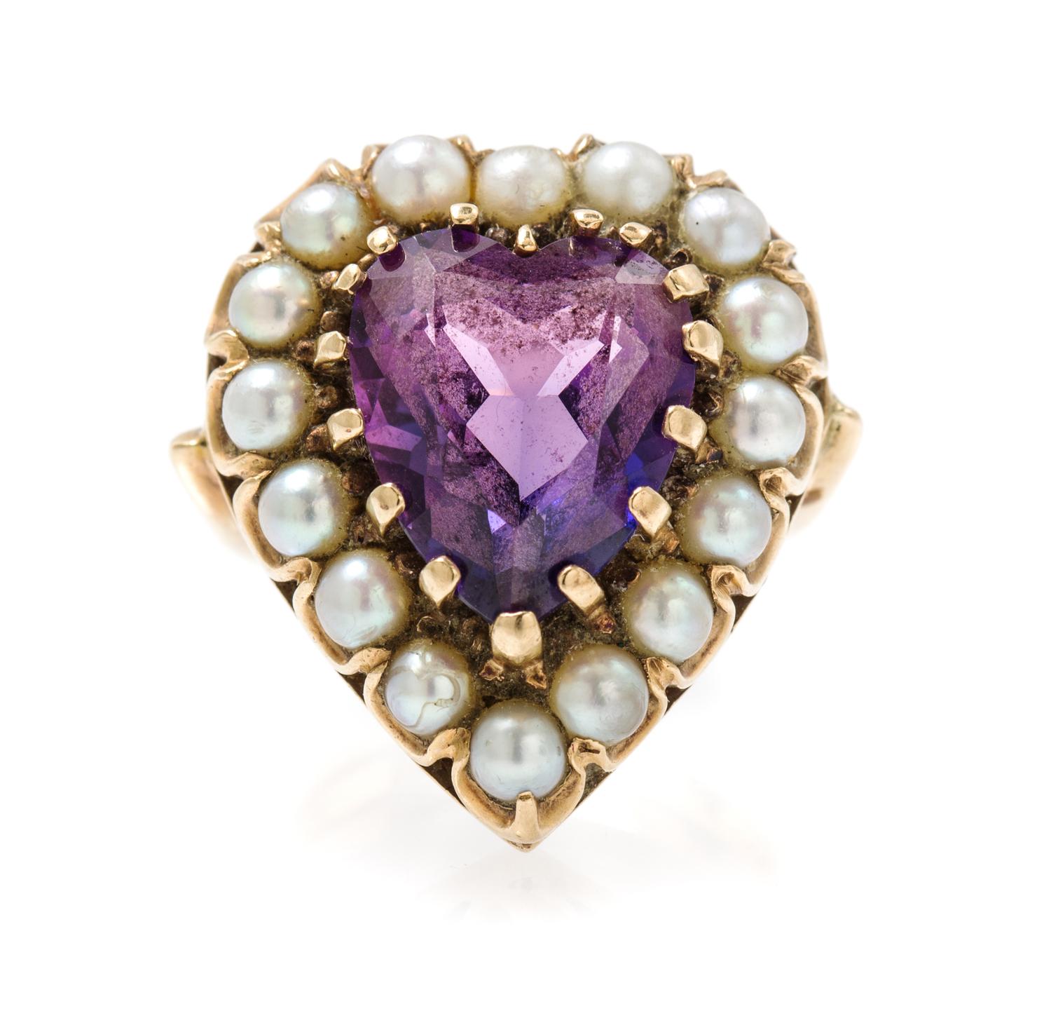 A 14 Karat Yellow Gold, Amethyst and Cultured Pearl Ring, 6.30 dwts.