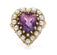 A 14 Karat Yellow Gold, Amethyst and Cultured Pearl Ring, 6.30 dwts.