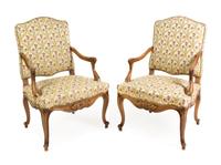 A Pair of Louis XV Style Walnut Fauteuils Height 40 1/2 x width 26 x depth 21 1/2 inches. — LATE 19TH CENTURY