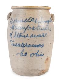 An Ohio Cobalt Script-Painted Four Gallon Stoneware Crock