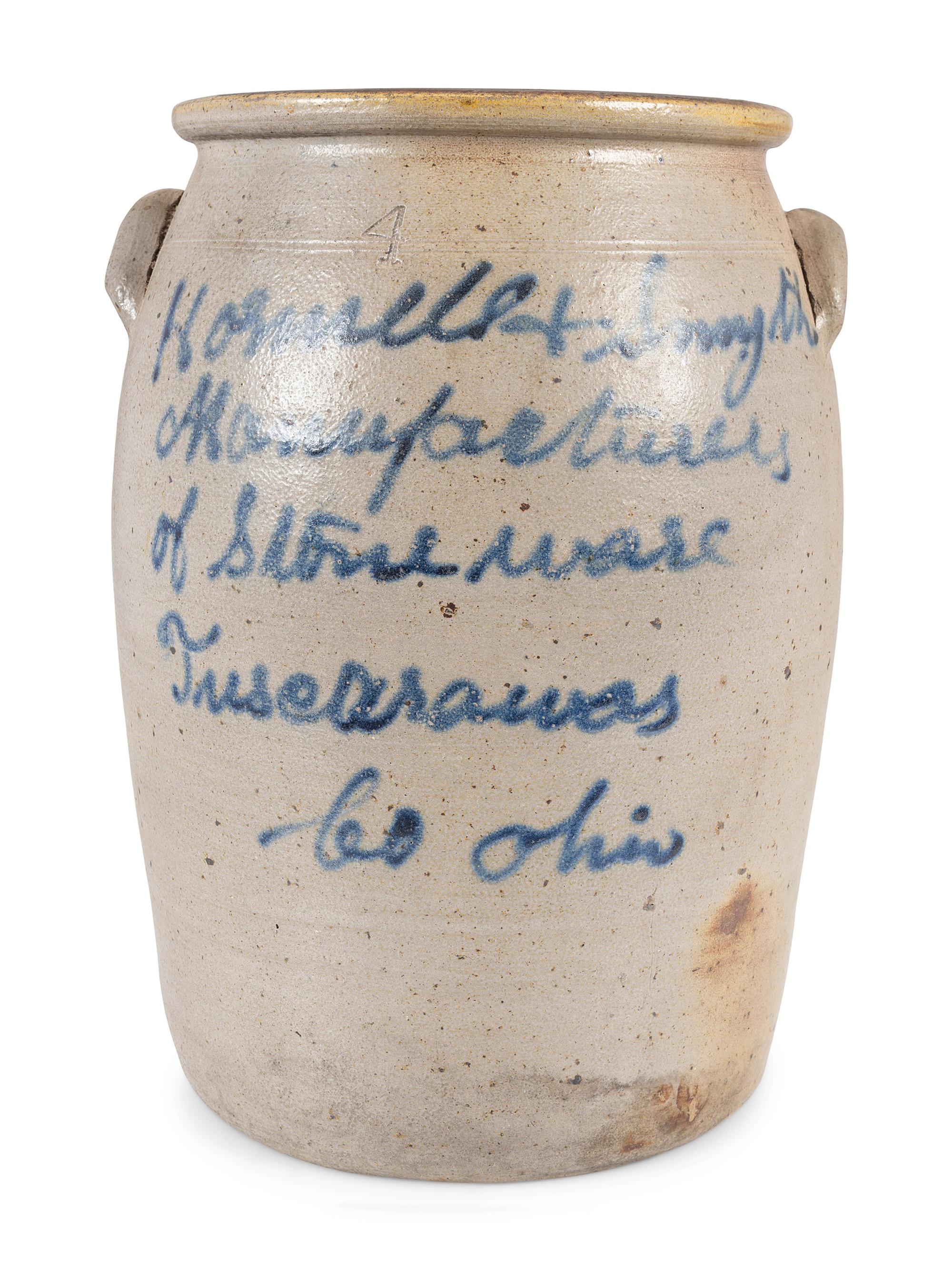 An Ohio Cobalt Script-Painted Four Gallon Stoneware Crock
