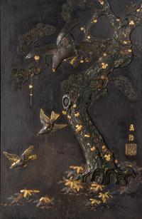 A Japanese Parcel Gilt and Mixed-Metal Inlaid Iron 'Eagle and Pine' Plaque, Meiji Period 日本明治時期 鐵花鳥挂屏