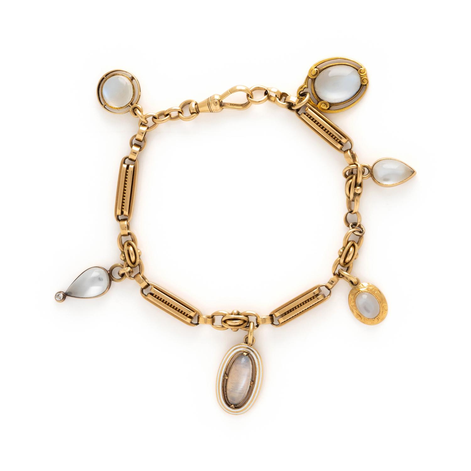 ANTIQUE, ROSE GOLD AND MOONSTONE CHARM BRACELET