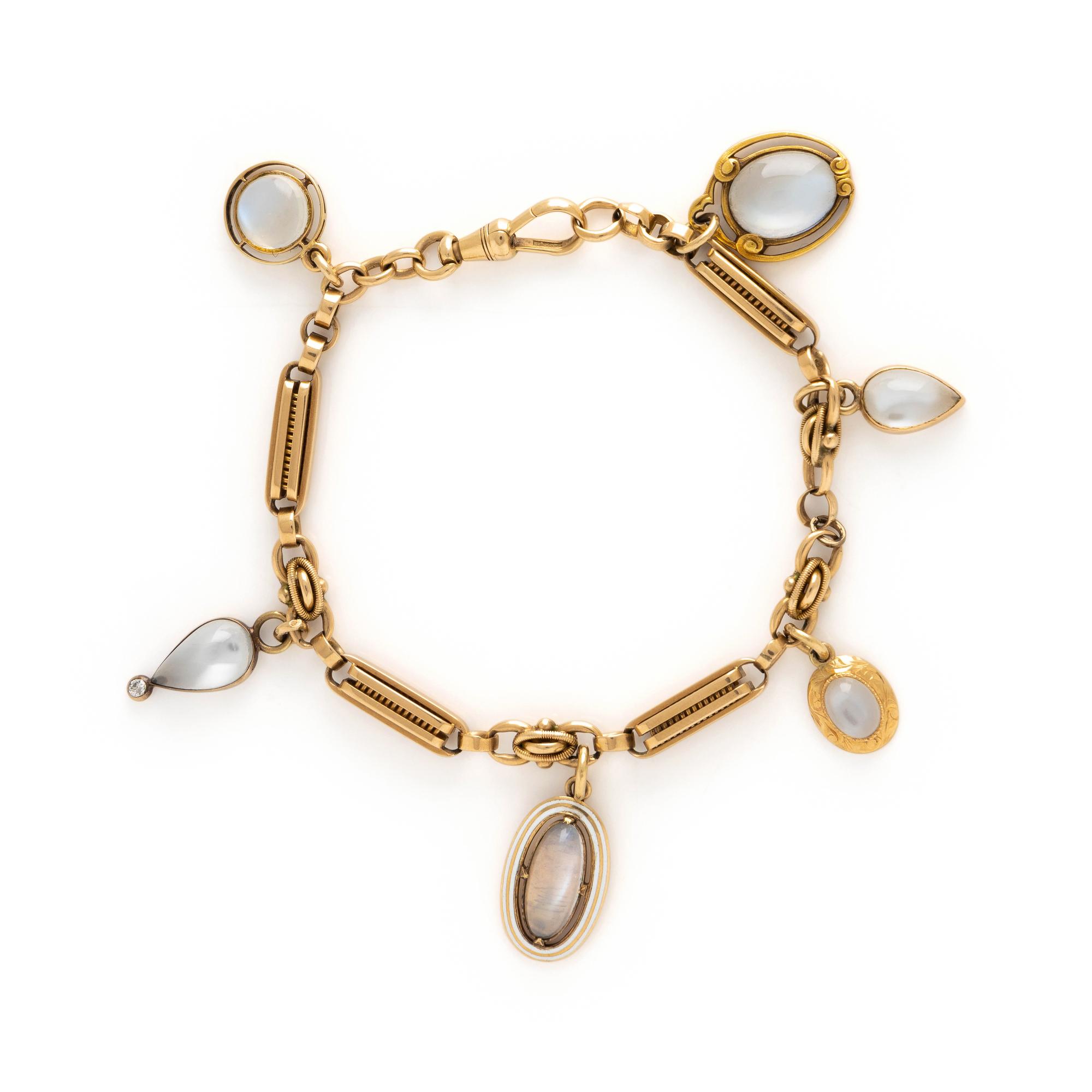 ANTIQUE, ROSE GOLD AND MOONSTONE CHARM BRACELET