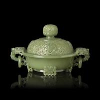 A Chinese Reticulated Celadon Jade Covered Incense Burner 碧玉透雕雙龍耳活環三足香爐