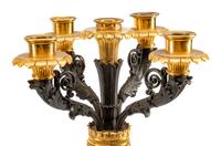A Pair of Empire Style Gilt and Patinated Bronze and Marble Five-Light Candelabra