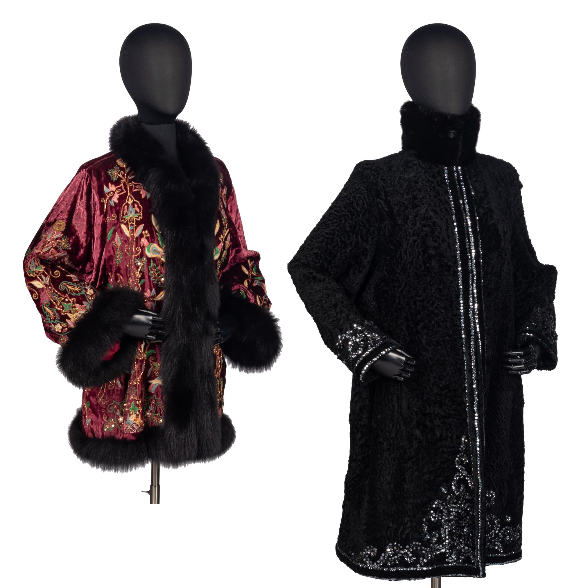 Two Designer Embellished Coats with Fur Trim