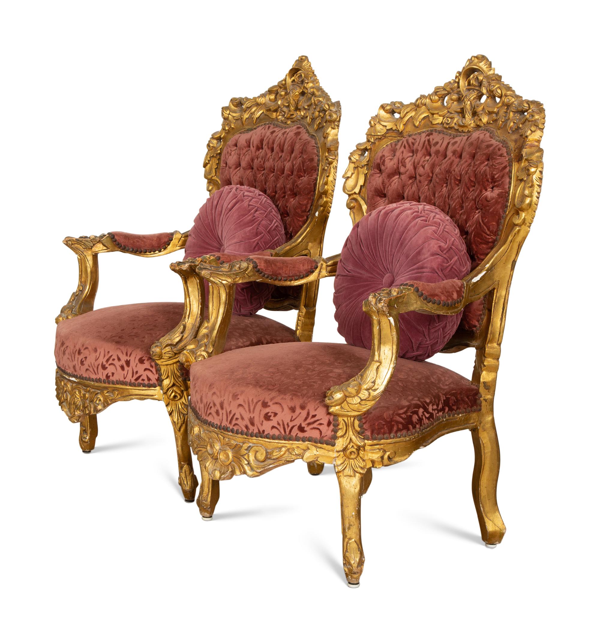 A Pair of Italian Rococo Style Giltwood Armchairs