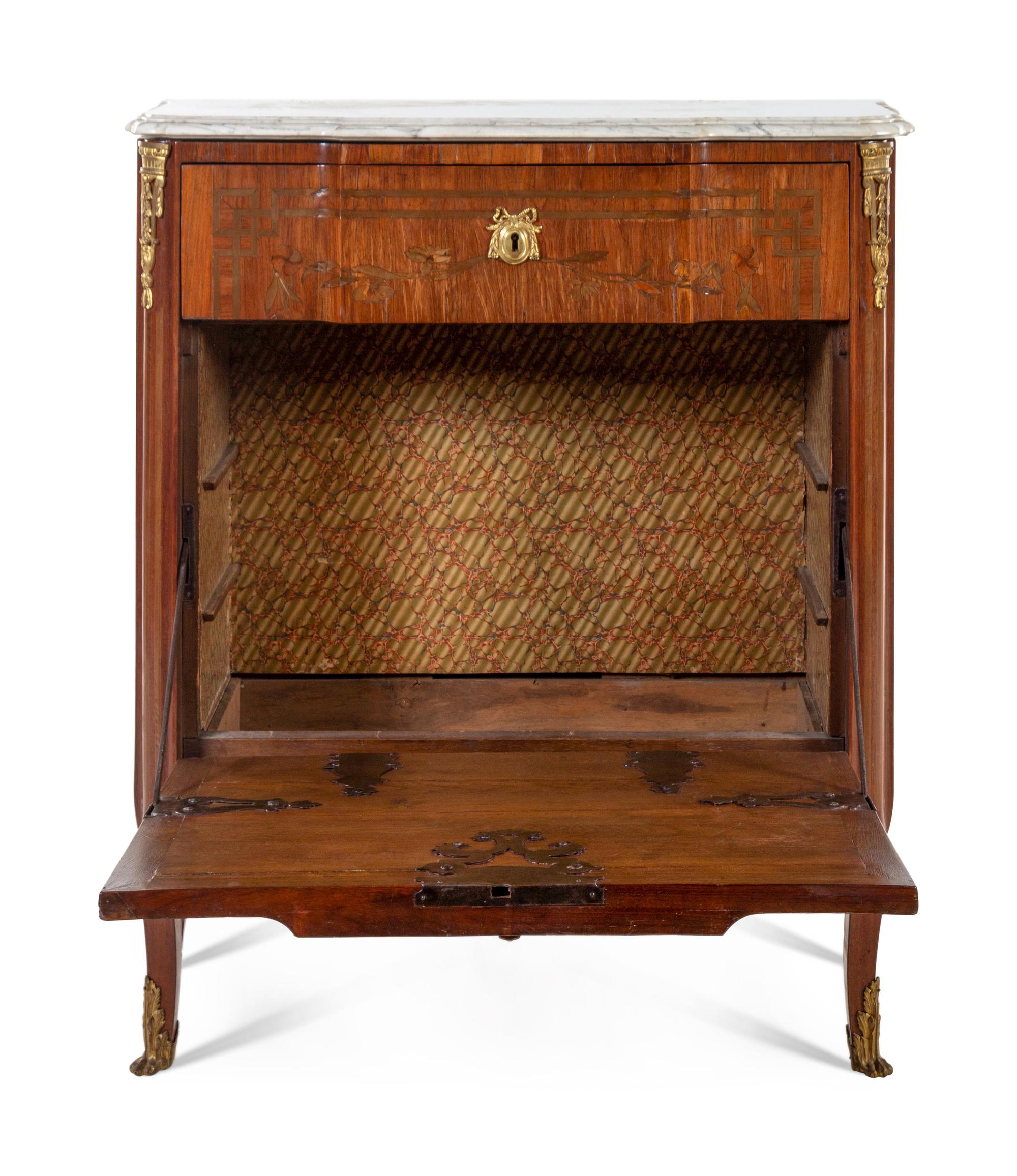 A Louis XV Style Marquetry Marble-Top Cabinet