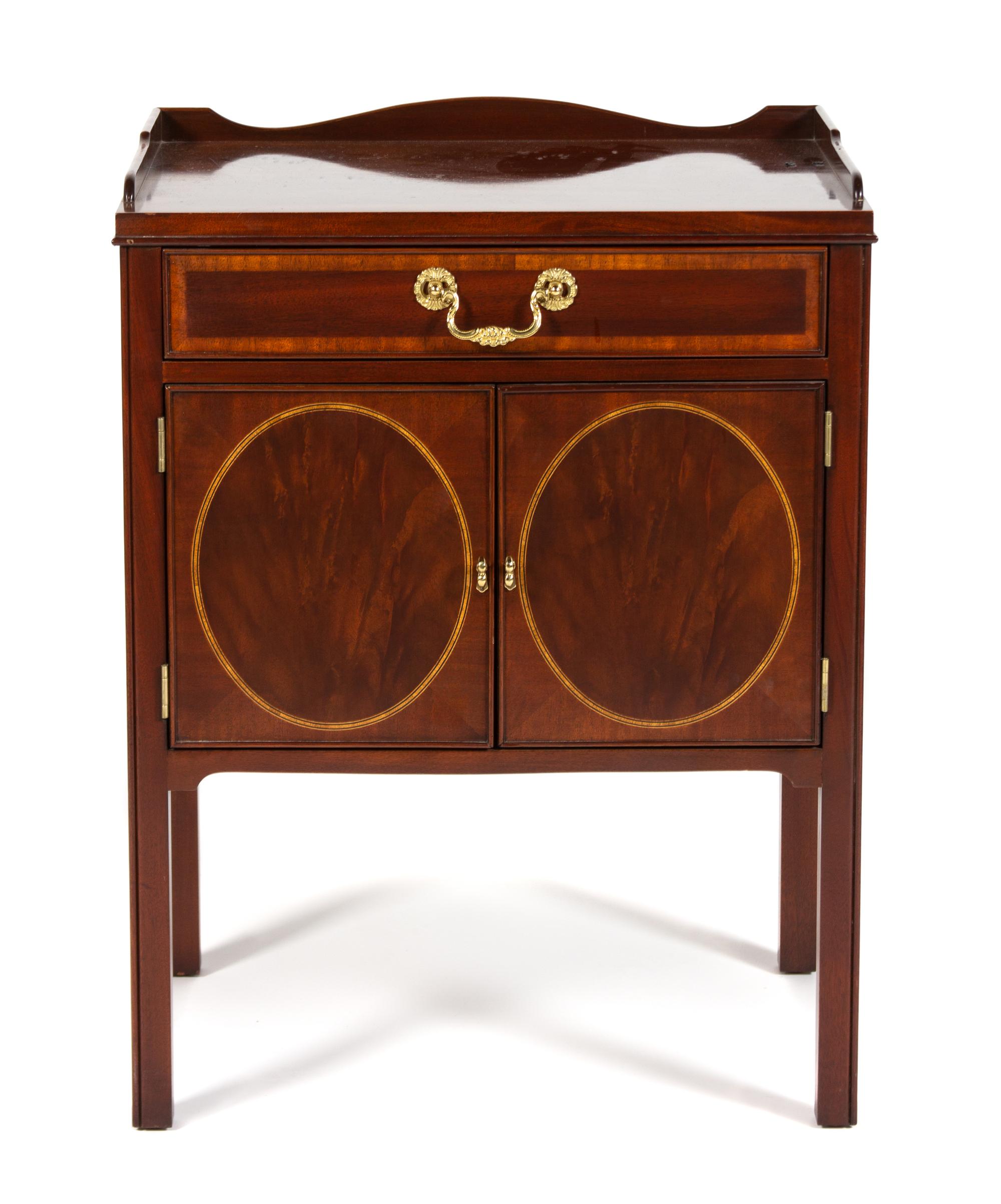 A George III Style Inlaid Mahogany Bedside Cabinet Height 29 1/2 x width 22 x depth 16 inches. — 20TH CENTURY