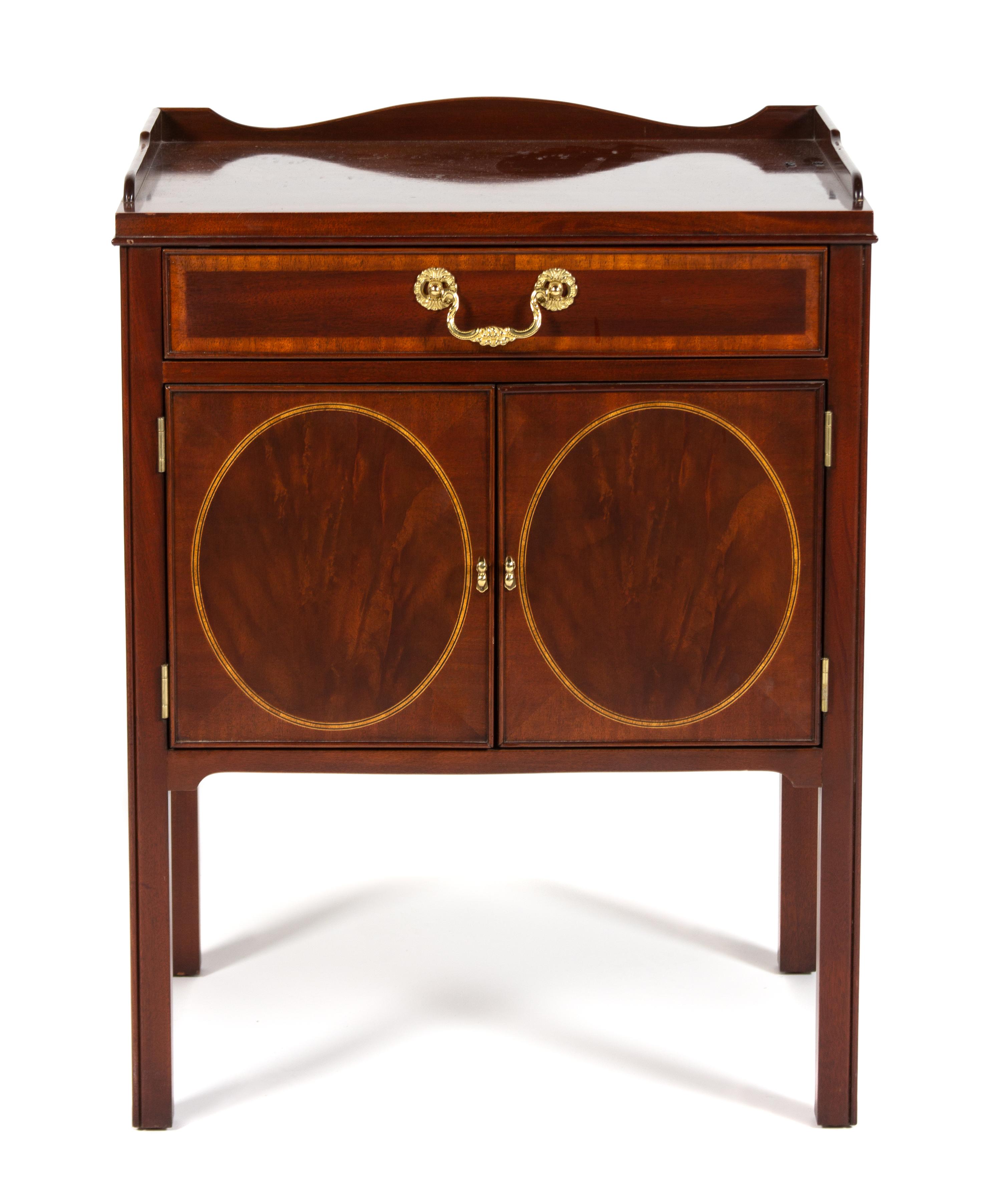 A George III Style Inlaid Mahogany Bedside Cabinet Height 29 1/2 x width 22 x depth 16 inches. — 20TH CENTURY