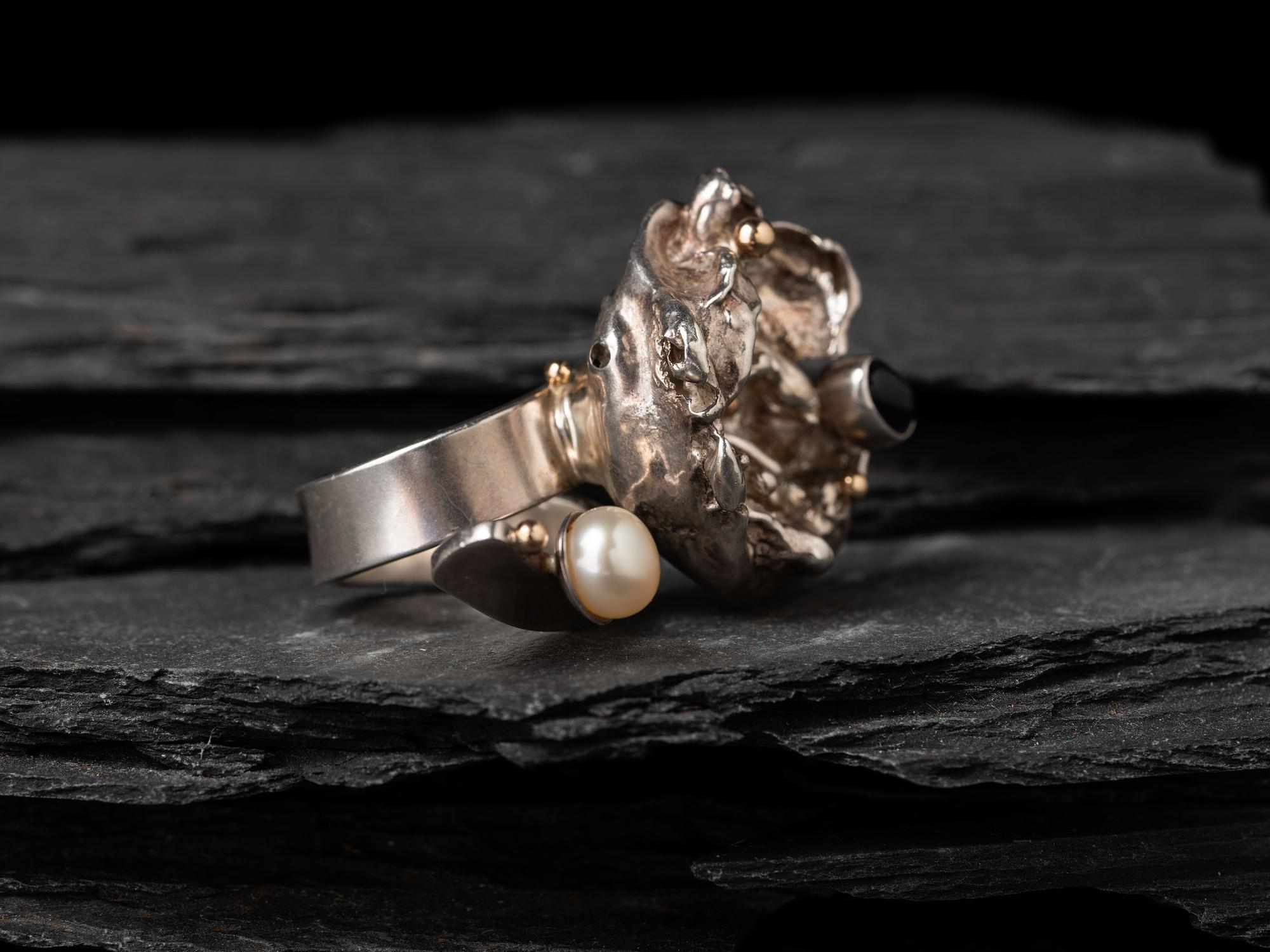 Sterling Silver Floral Ring, with Amethyst, Pearl and 14K Gold Accents