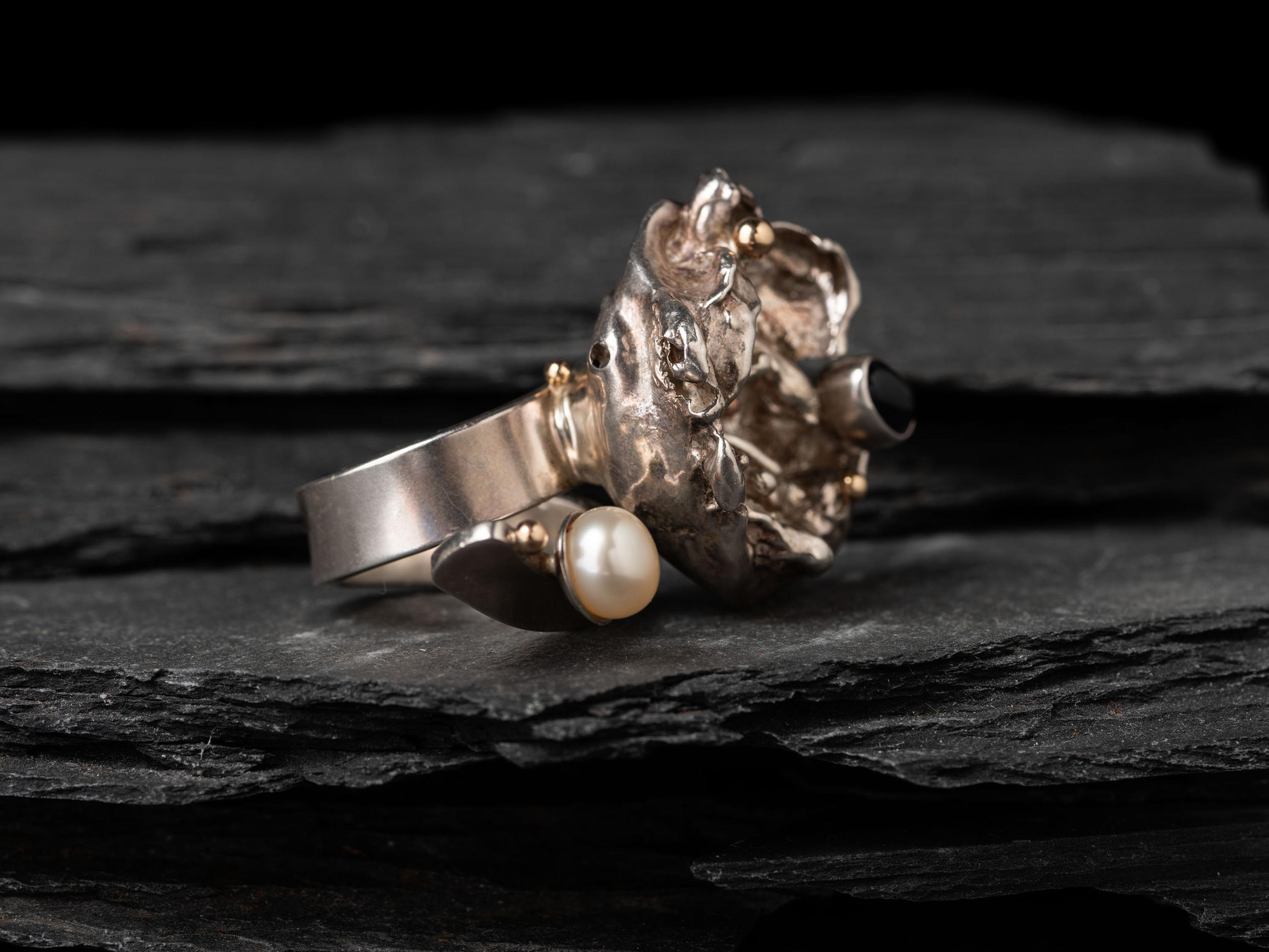 Sterling Silver Floral Ring, with Amethyst, Pearl and 14K Gold Accents