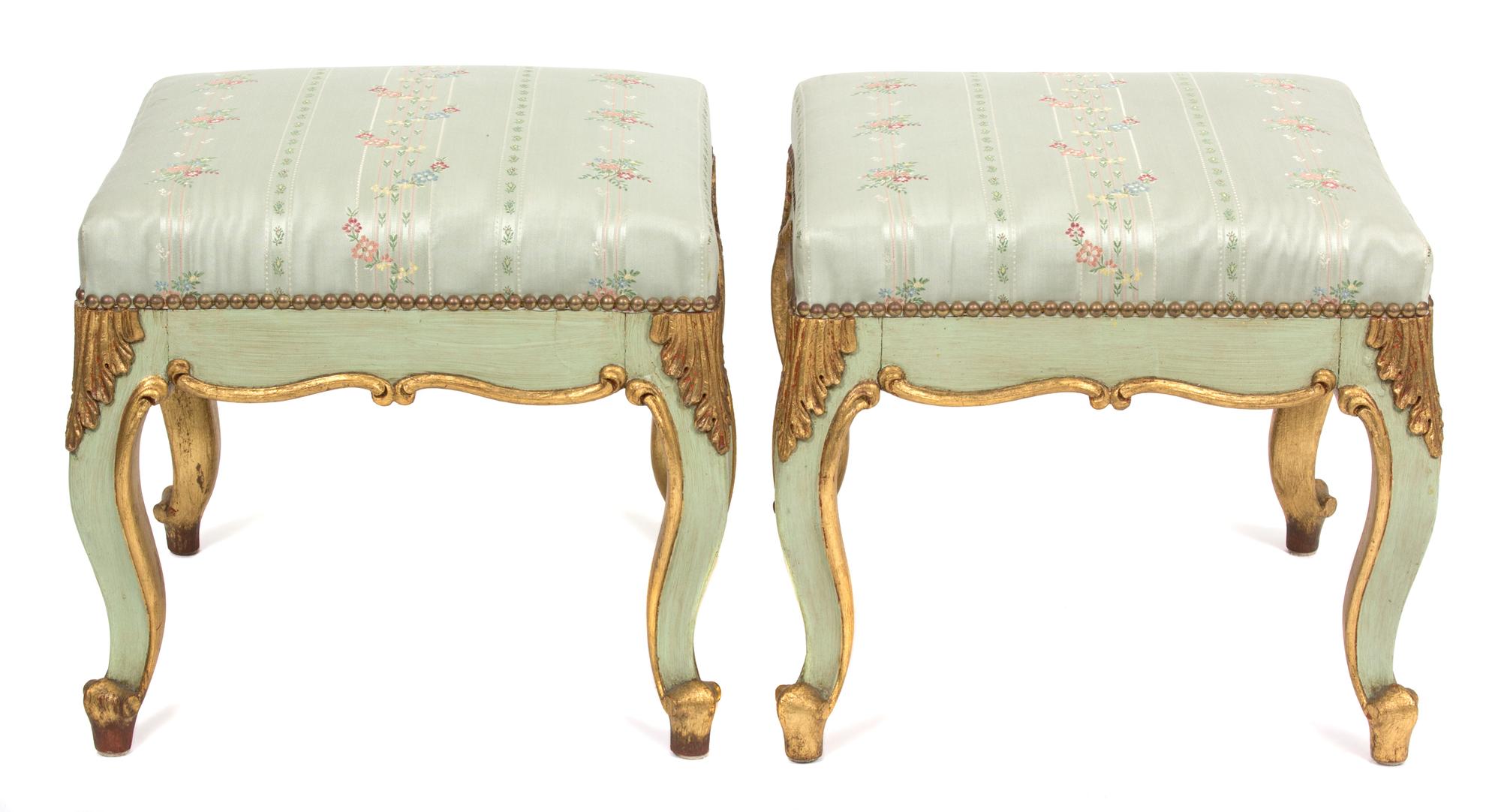 A Pair of Italian Parcel Gilt Upholstered Tabourets Height 17 1/2 x width 19 1/4 x depth 19 1/4 inches. — 19TH CENTURY