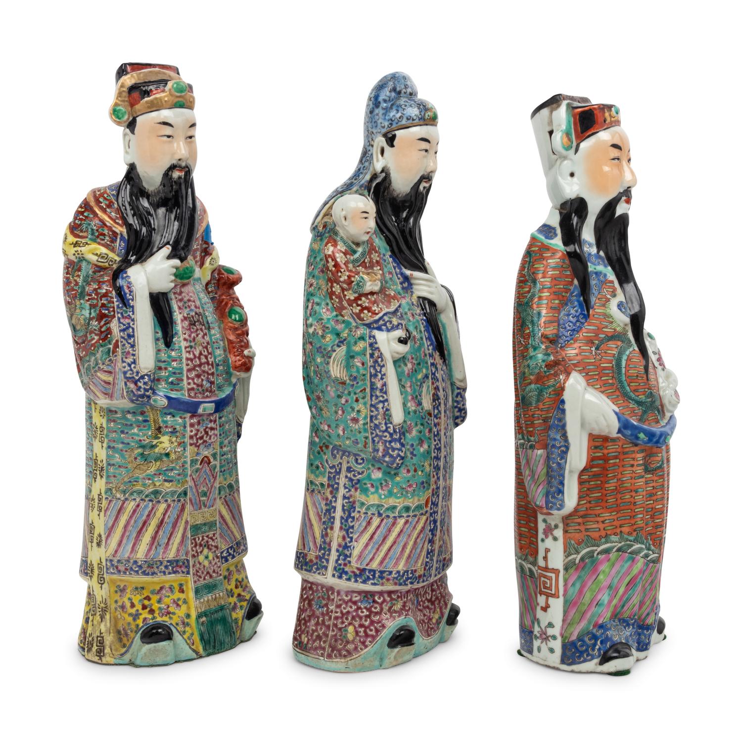 Three Chinese Famille Rose Porcelain Figures of Daoist Immortals