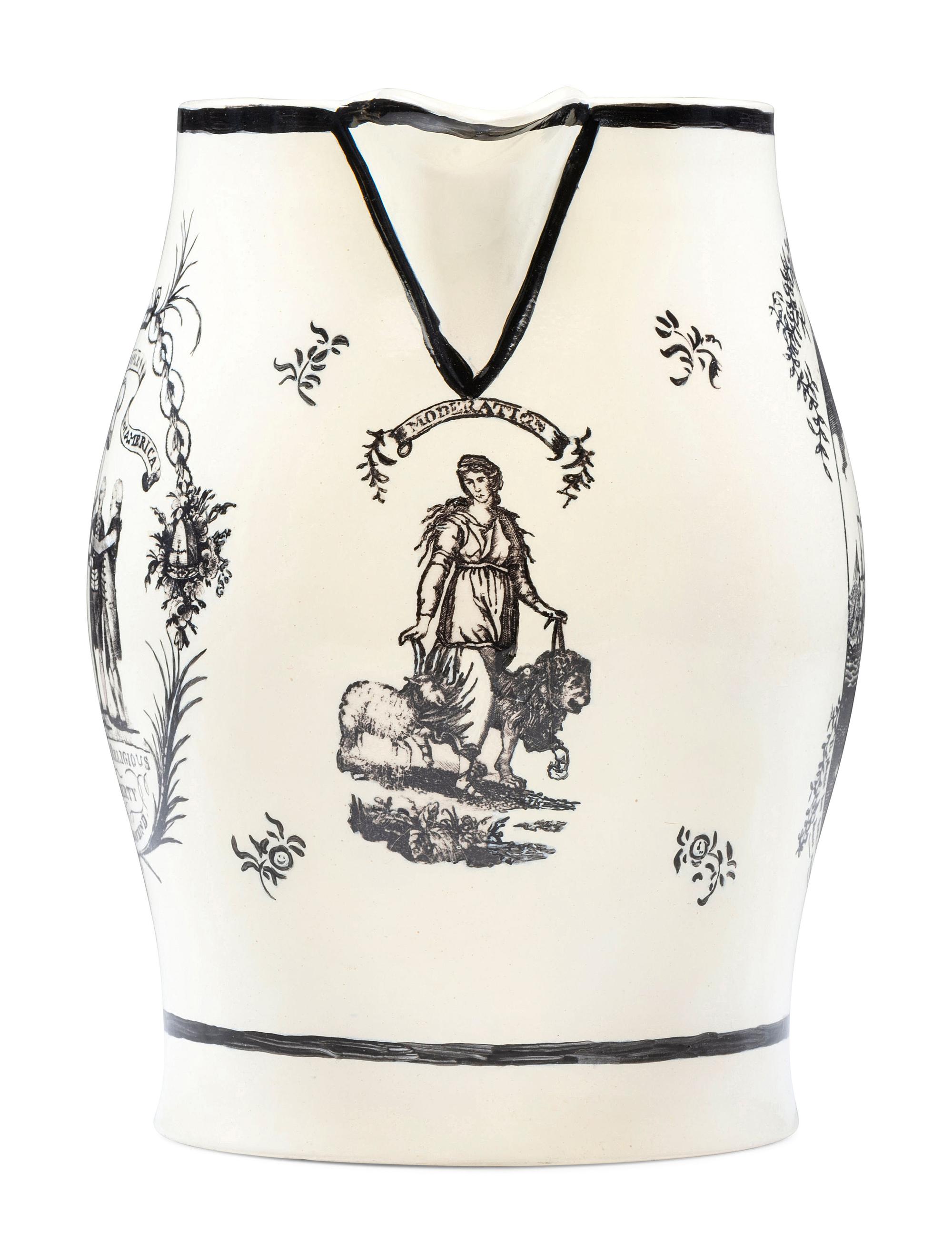 A Rare Liverpool Transfer-Printed Creamware 'Union to the People of America' Pitcher