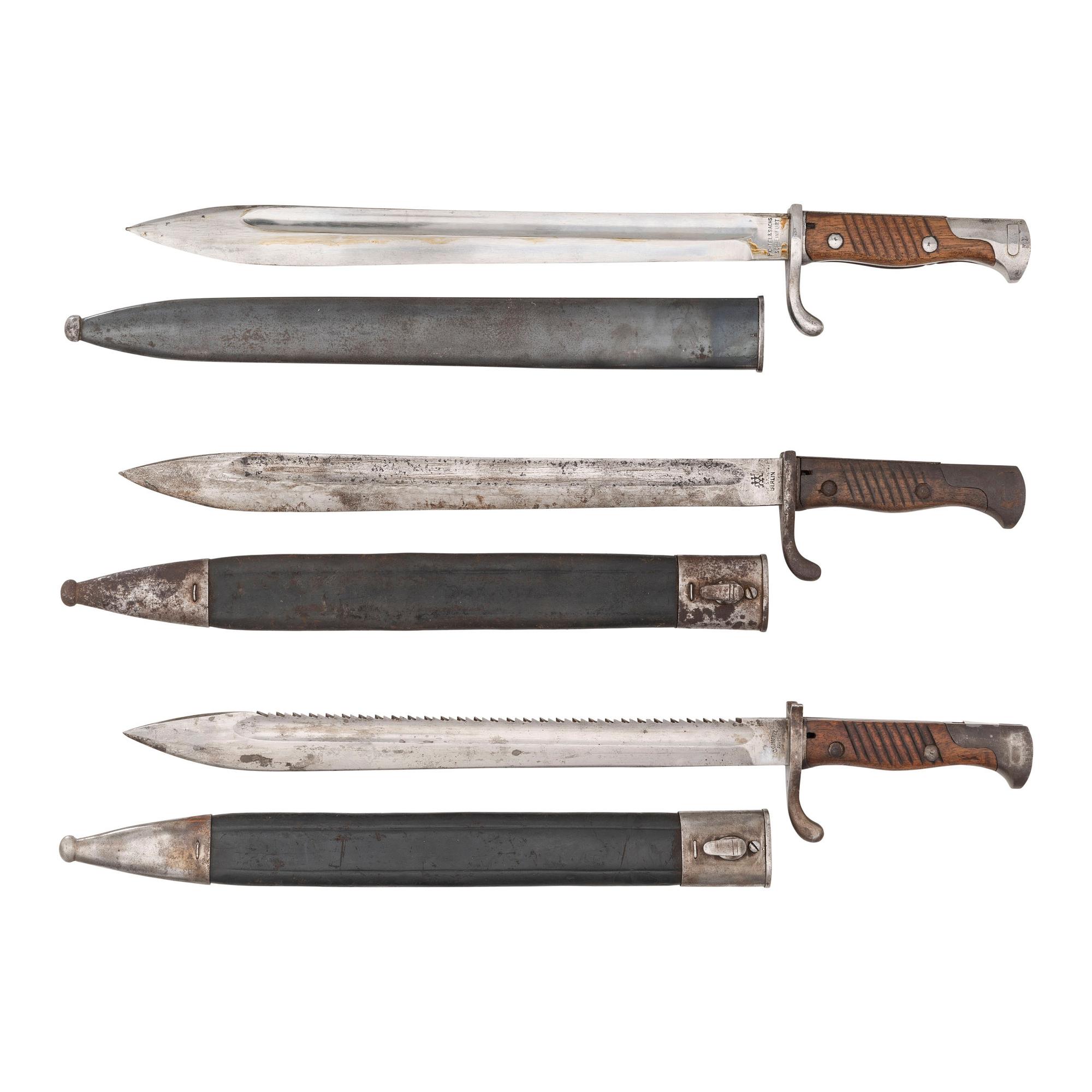 Lot of 3 German M1898/05 Bayonets with Scabbards Including: Sawback and Double Stamped Henckels/Frister & Rossman