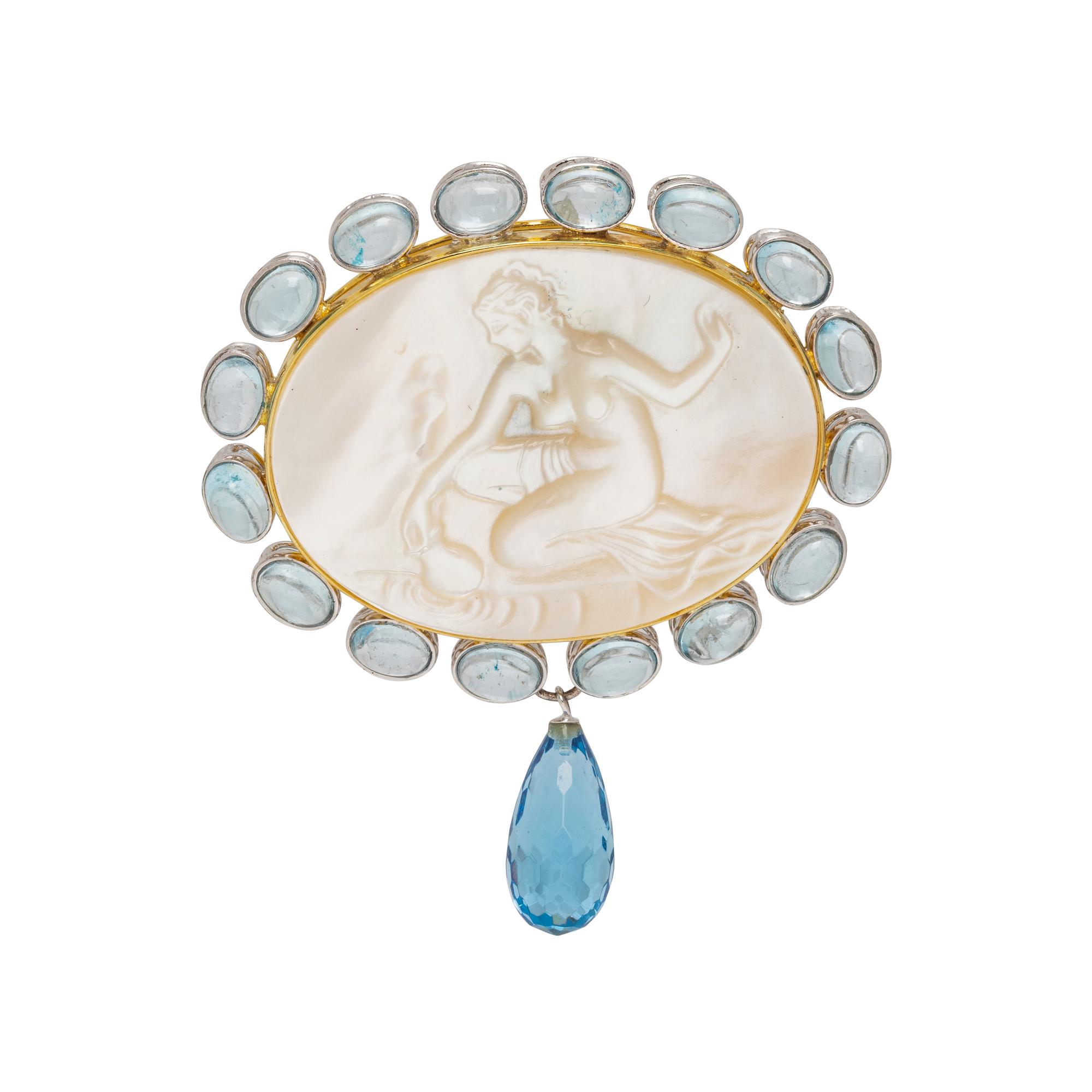 MOTHER-OF-PEARL CAMEO, BLUE TOPAZ AND GLASS BROOCH