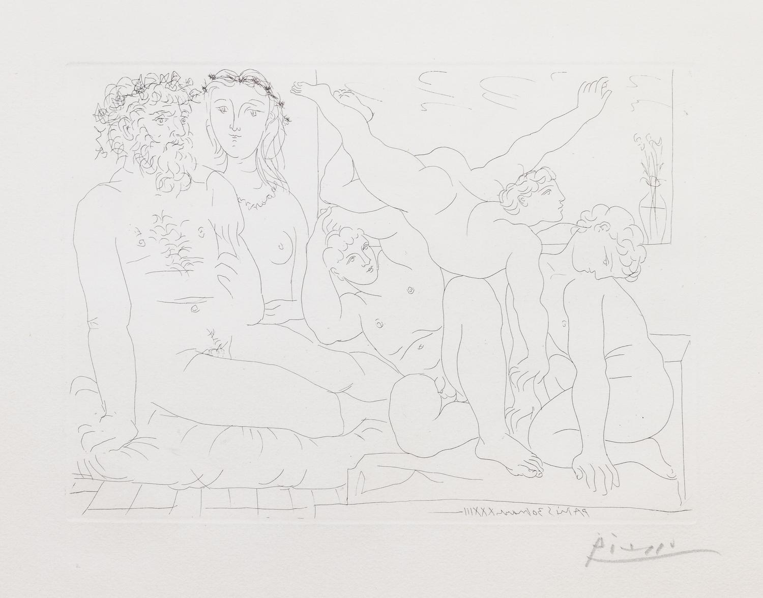 Pablo Picasso, (Spanish, 1881-1973), Sculptor and Model Watching Three Jugglers, (plate 54 from La Suite Vollard)