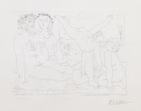 Pablo Picasso, (Spanish, 1881-1973), Sculptor and Model Watching Three Jugglers, (plate 54 from La Suite Vollard)