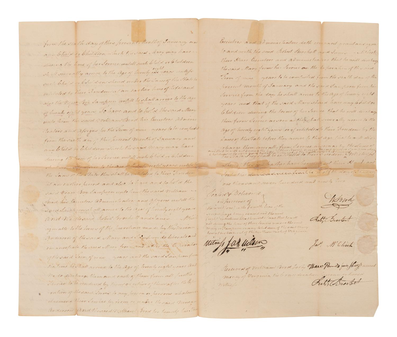 [ENSLAVEMENT]. Estate document manumitting enslaved persons after certain terms of service. 1792.