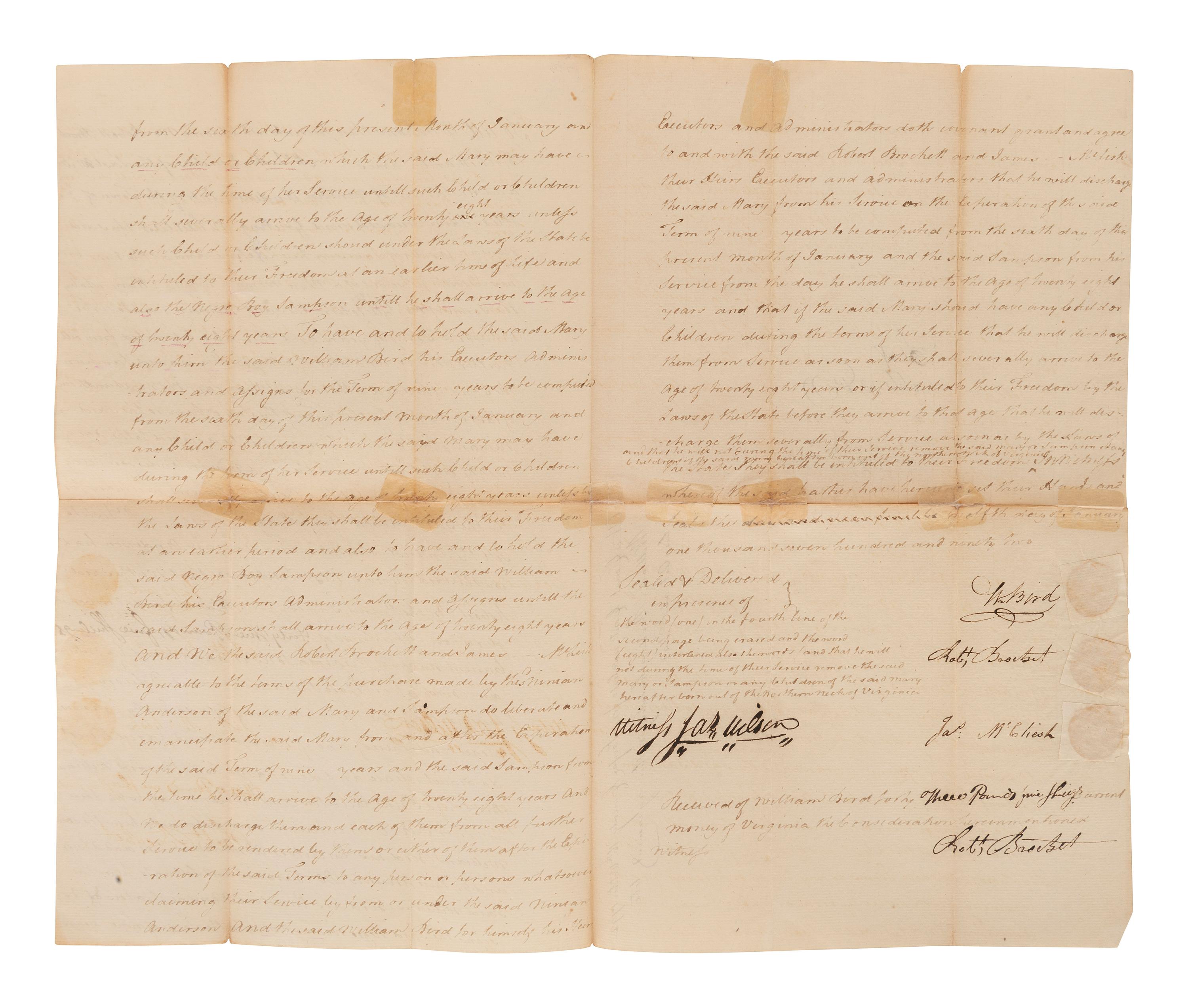 [ENSLAVEMENT]. Estate document manumitting enslaved persons after certain terms of service. 1792.