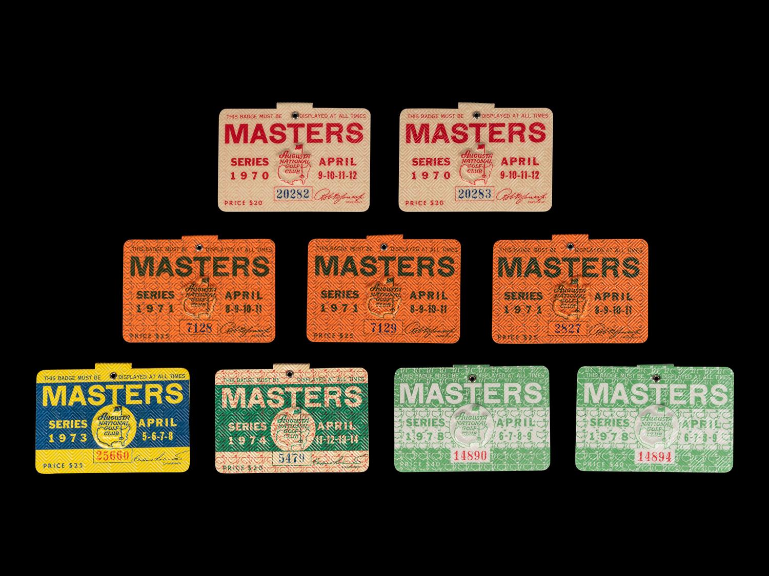 A Group of Nine 1970s Masters Golf Tournament Augusta National Badges,