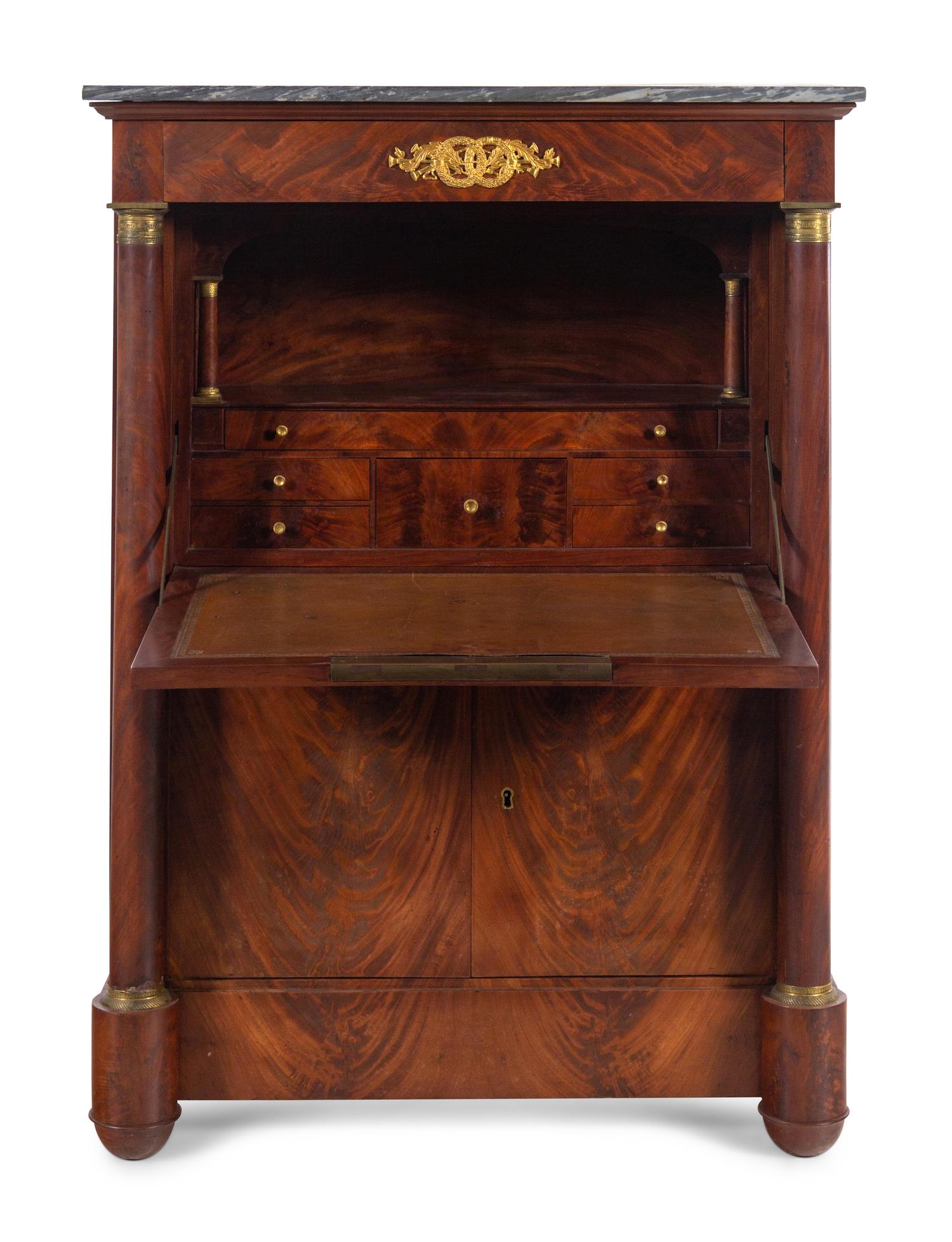 An Empire Style Gilt Bronze Mounted Mahogany Marble-Top Secrétaire à Abattant