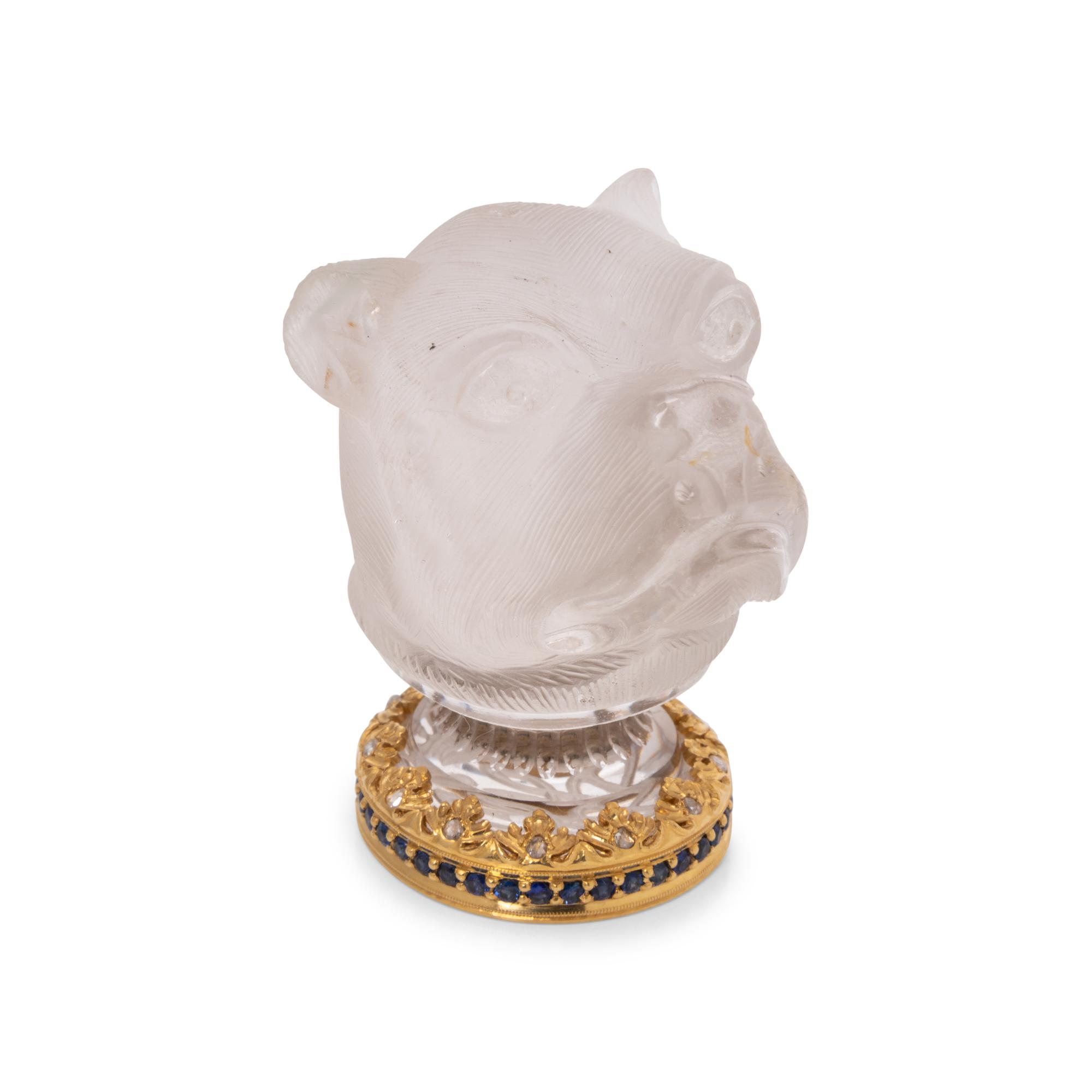 A Continental Gold, Diamond and Sapphire Mounted Carved Rock Crystal Hand-Seal
