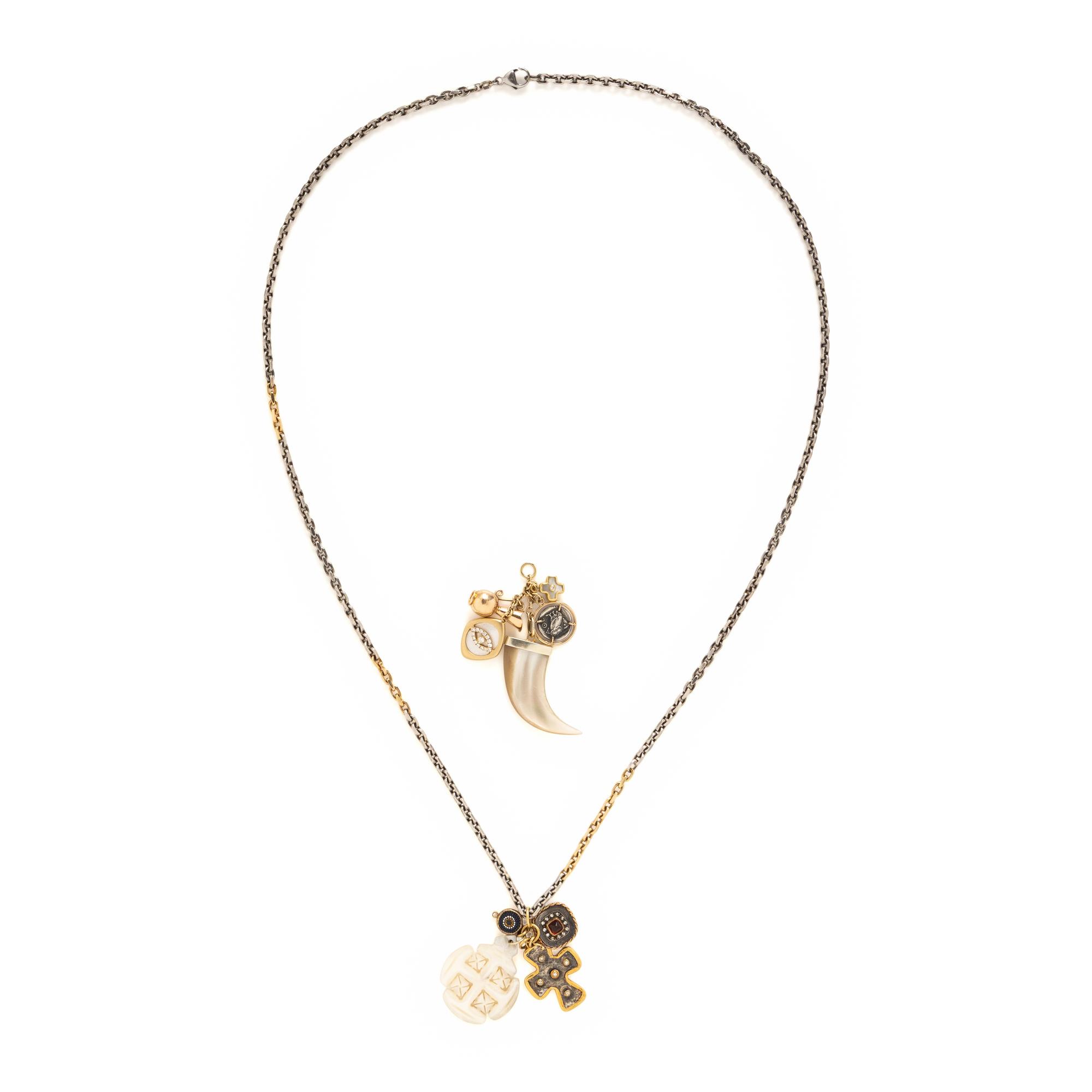 Silver, Yellow Gold, and Multigem Charm Necklace and Chatelaine