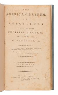 [The Federalist Papers]. -- [Hamilton, Alexander (1739-1802), James Madison (1751-1836), and John Jay (1745-1829)]. "The Federalist," Letters 1-6. In: The American Museum, or Repository of Ancient and Modern Fugitive Pieces, &c. Philadelphia: Mathew Carey, November and December 1787.
