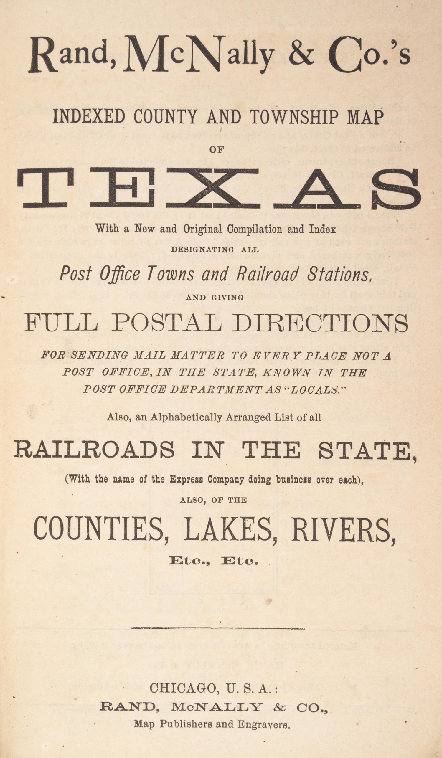 (MAP) Indexed County and Township Map of Texas. Chicago, c. 1904.