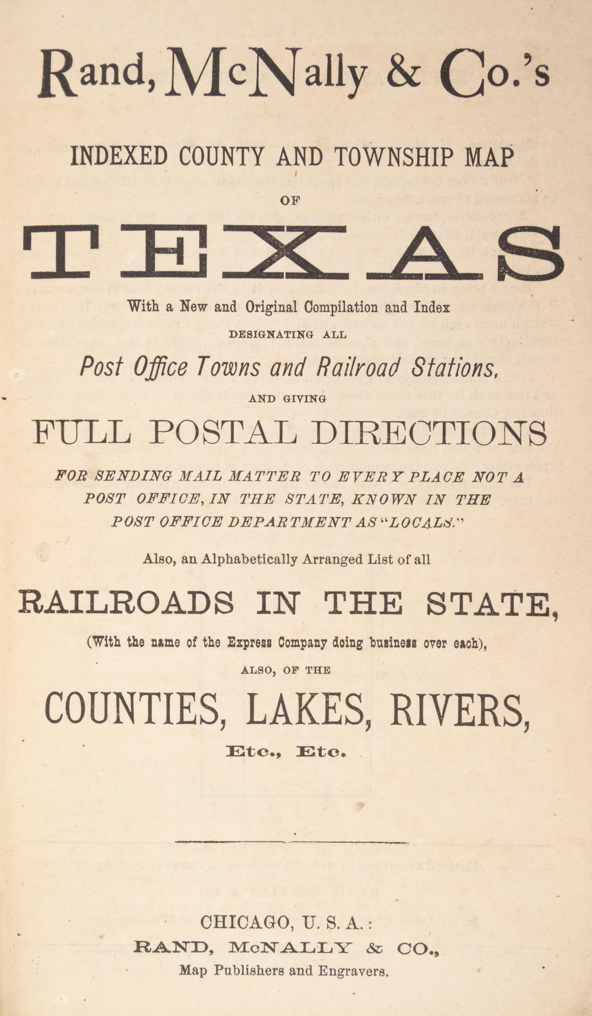(MAP) Indexed County and Township Map of Texas. Chicago, c. 1904.