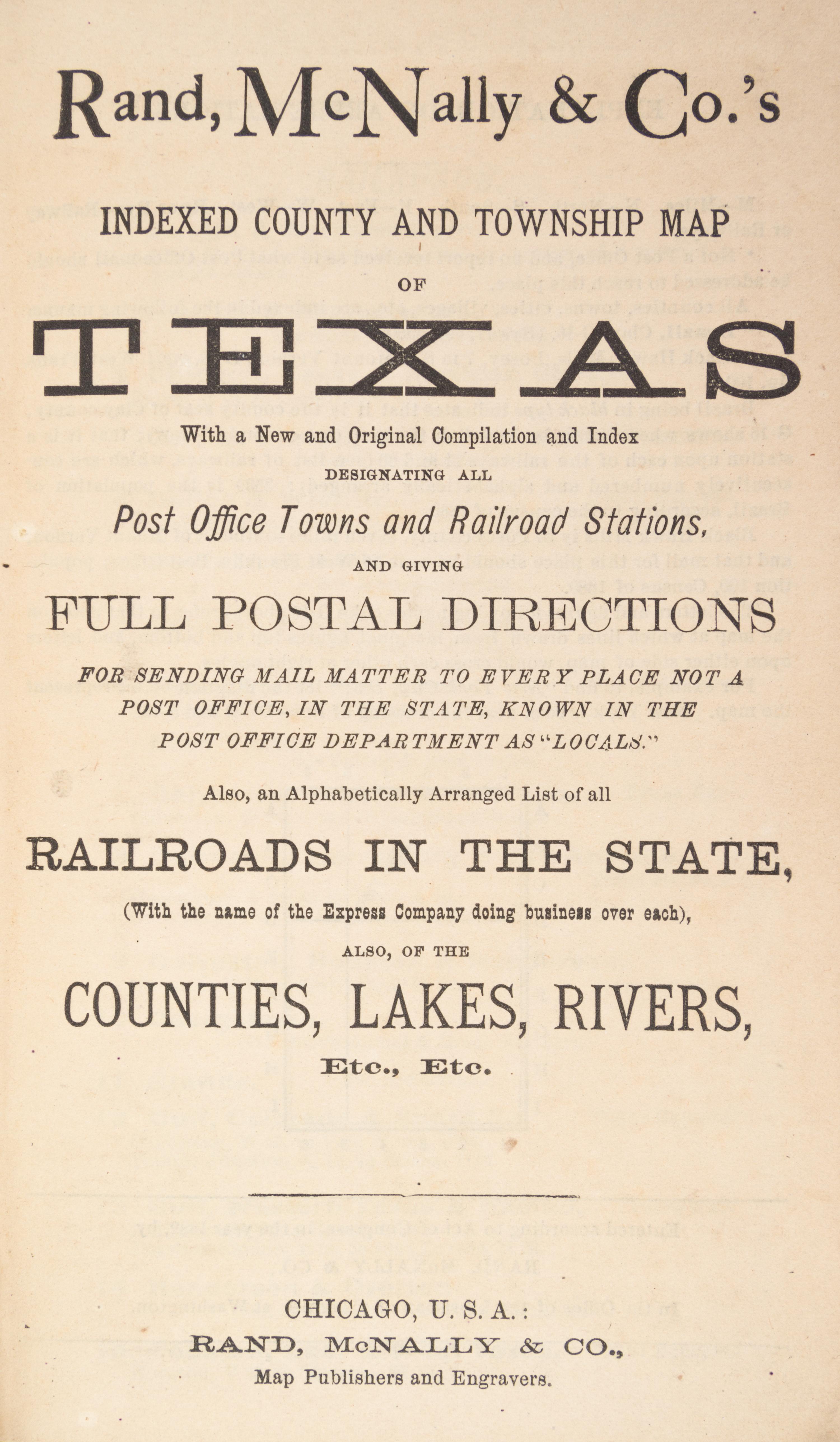 (MAP) Indexed County and Township Map of Texas. Chicago, c. 1904.