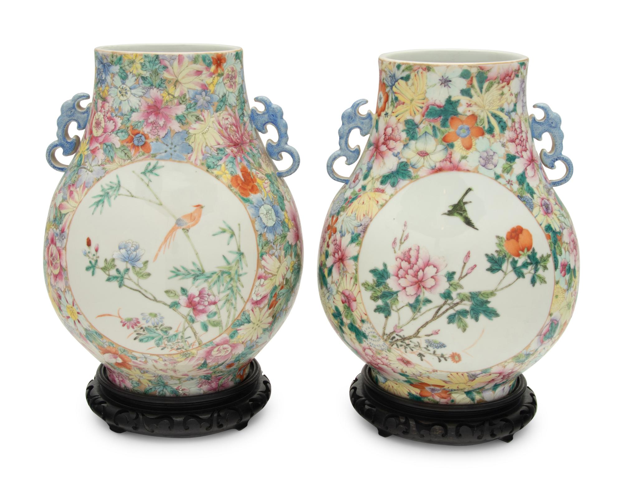 A Pair of Chinese Famille Rose Porcelain Hu -Form Vases