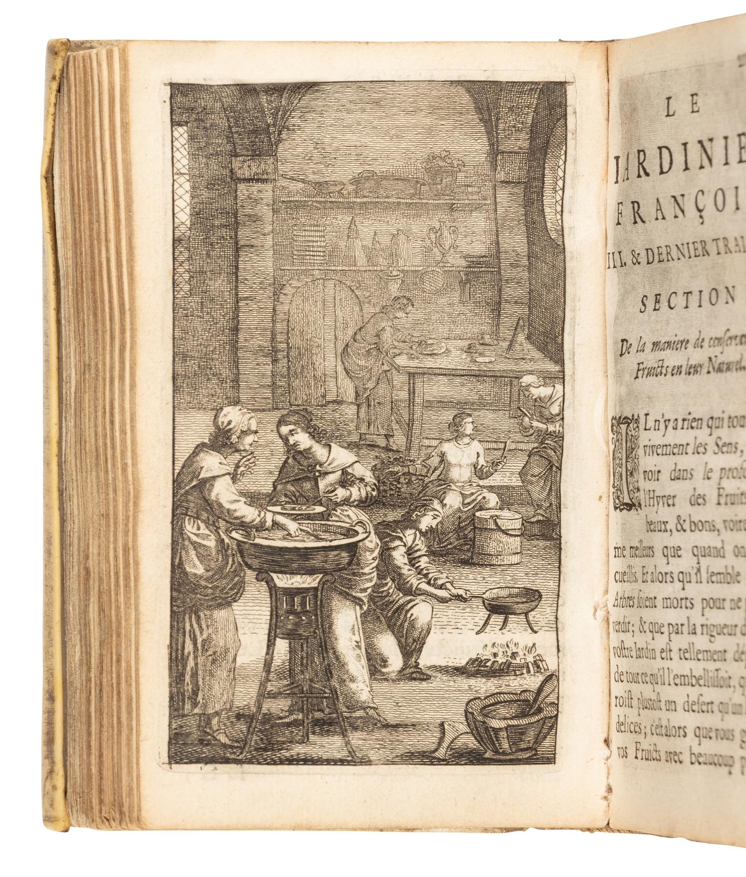 [BONNEFONS, Nicolas de]. Le jardinier François, qui enseigne à cultiver les Arbres, & Herbes Potageres... Sixiesme edition . Amsterdam: Jean Blaeu, 1660.