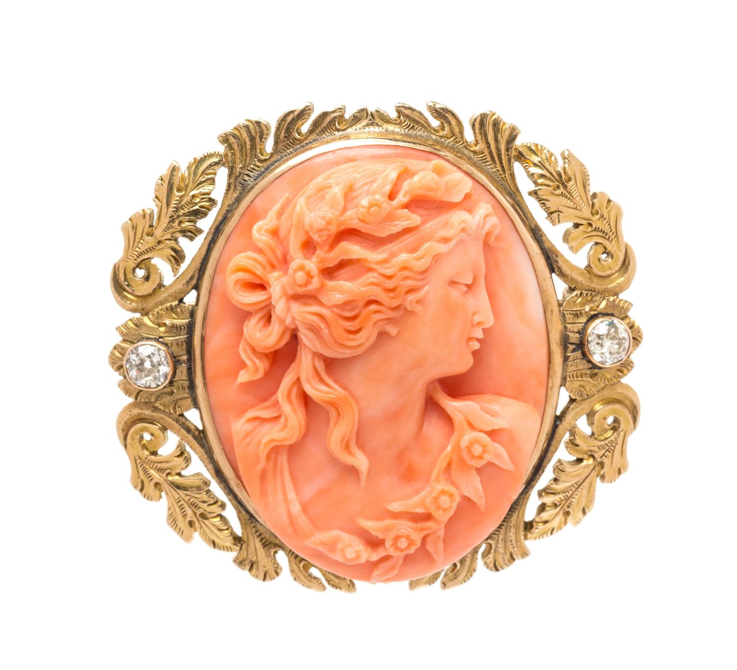 An Art Nouveau 14 Karat Yellow Gold Coral Cameo and Diamond Brooch, Lewy Brothers, 17.20 dwts.