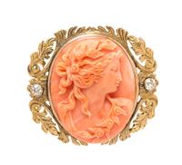 An Art Nouveau 14 Karat Yellow Gold Coral Cameo and Diamond Brooch, Lewy Brothers, 17.20 dwts.