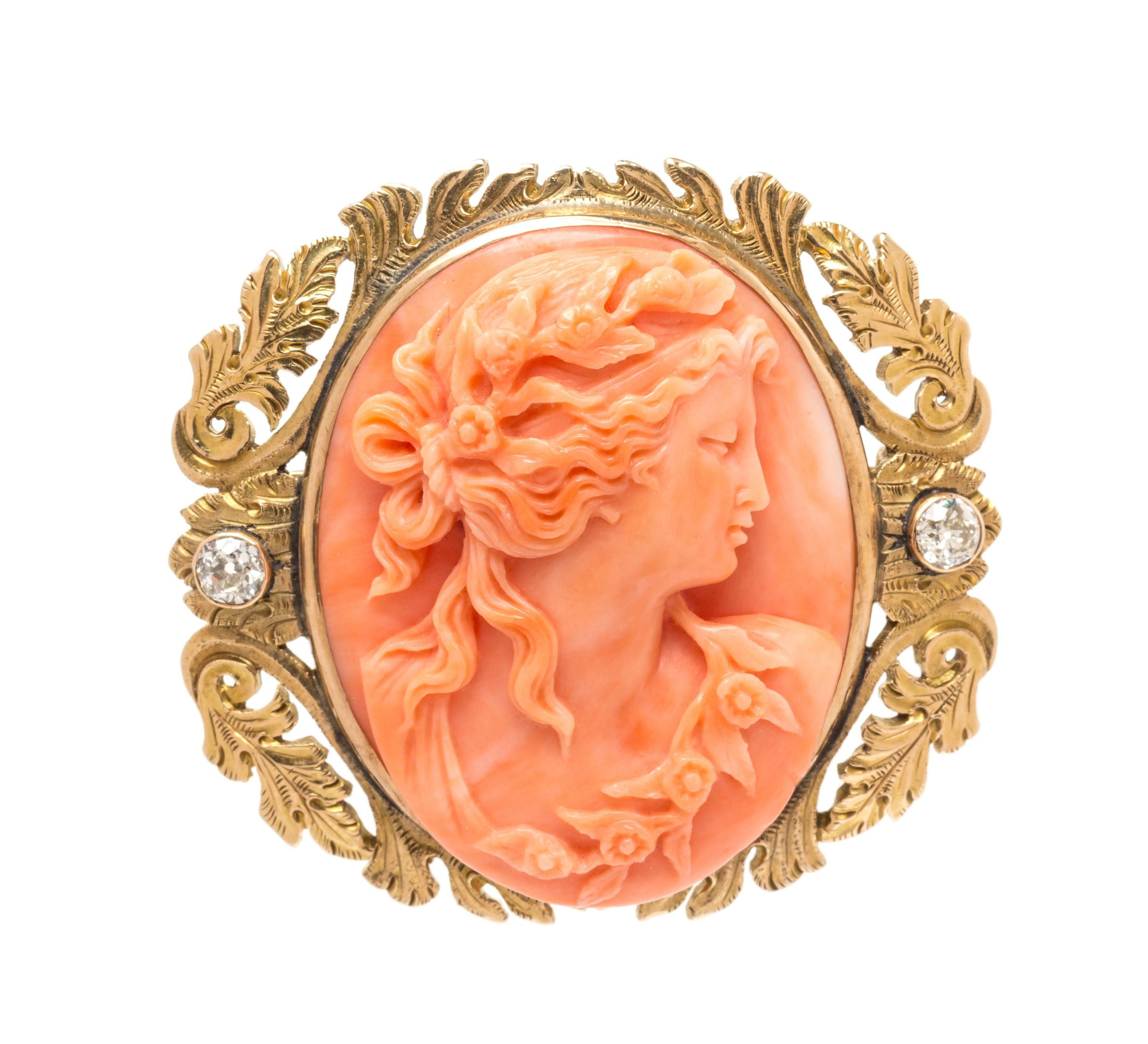 An Art Nouveau 14 Karat Yellow Gold Coral Cameo and Diamond Brooch, Lewy Brothers, 17.20 dwts.
