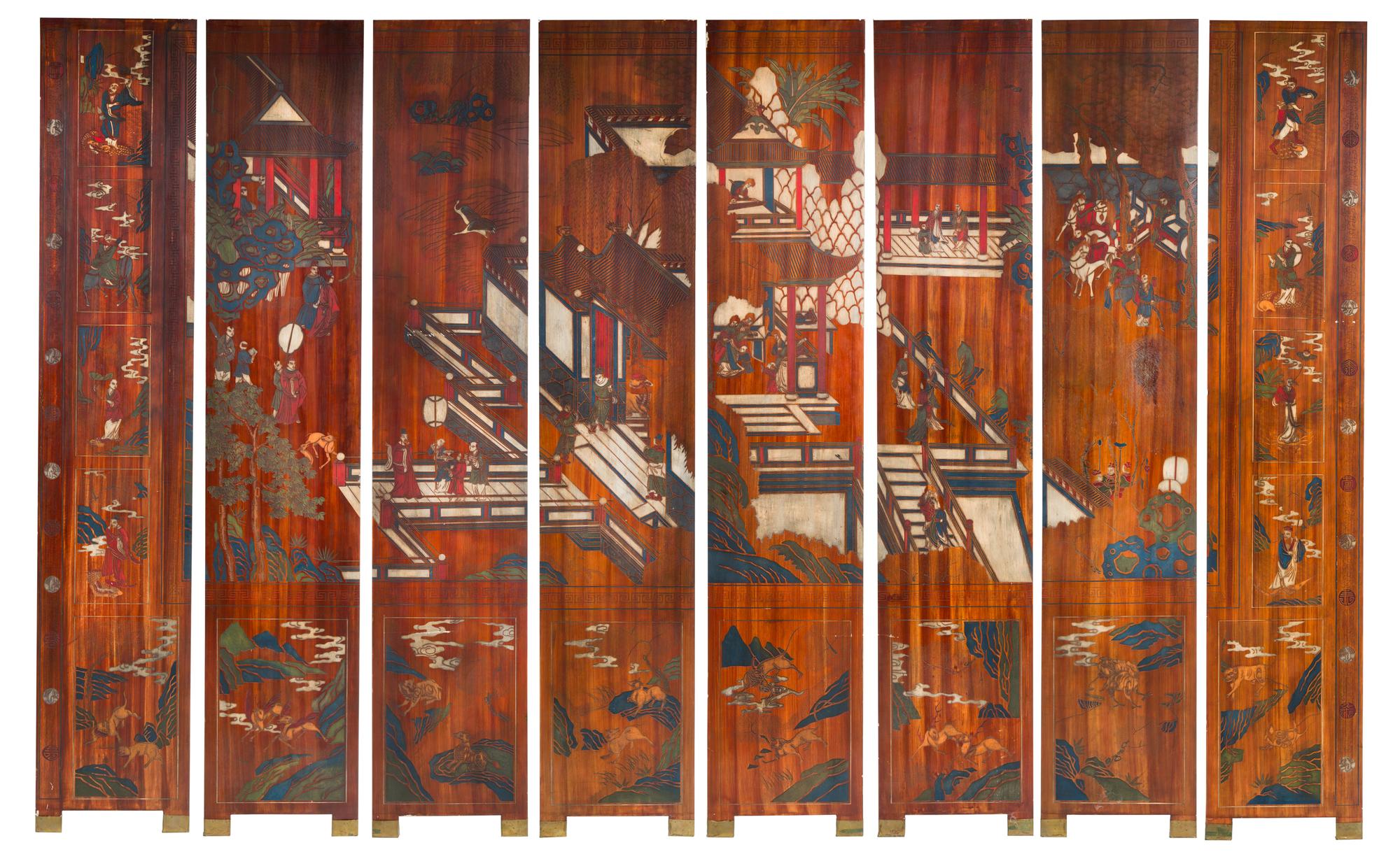 A Large Coromandel Style Eight-Panel Floor Screen Height 95 x width of each panel 18 inches.