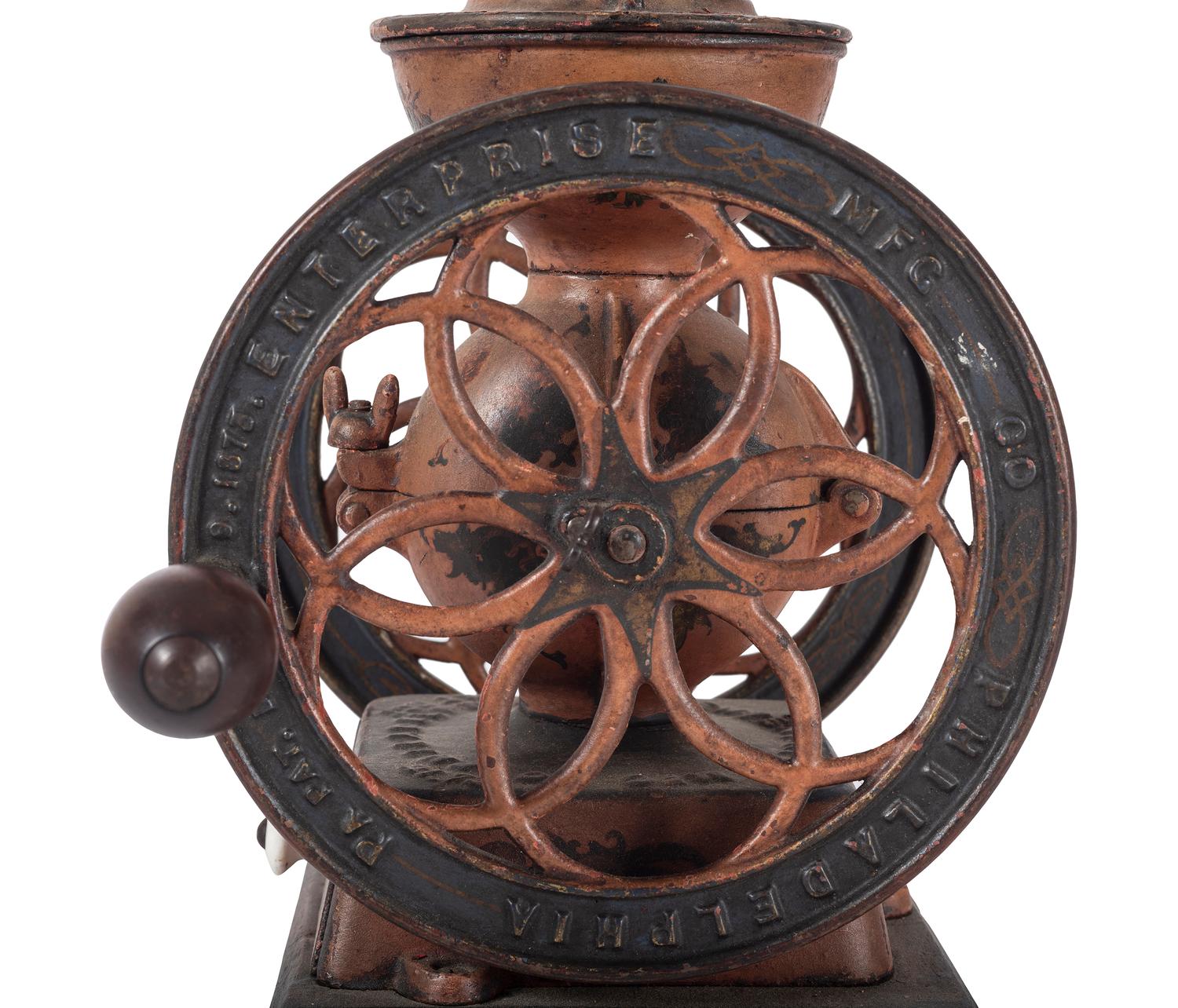 Two Enterprise Painted Cast Iron Coffee Mills with Eagle Finials